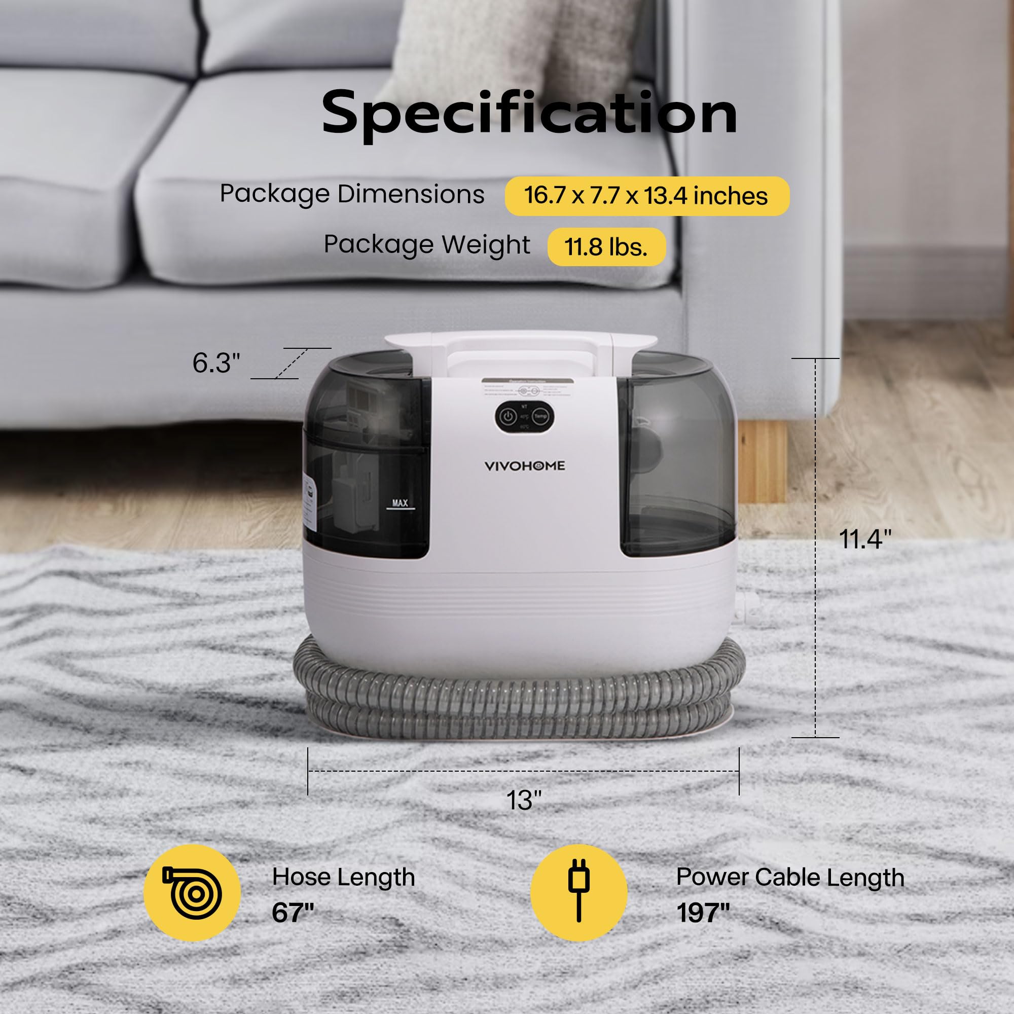 VIVOHOME Portable Carpet Cleaner Machine - 15s Fast Heating, 14Kpa Strong Suction, 4 Detachable Brush Heads for Pets, Upholstery, Couch & Car Seats - Self-Cleaning Spot Cleaner for Home, Office & Travel Use