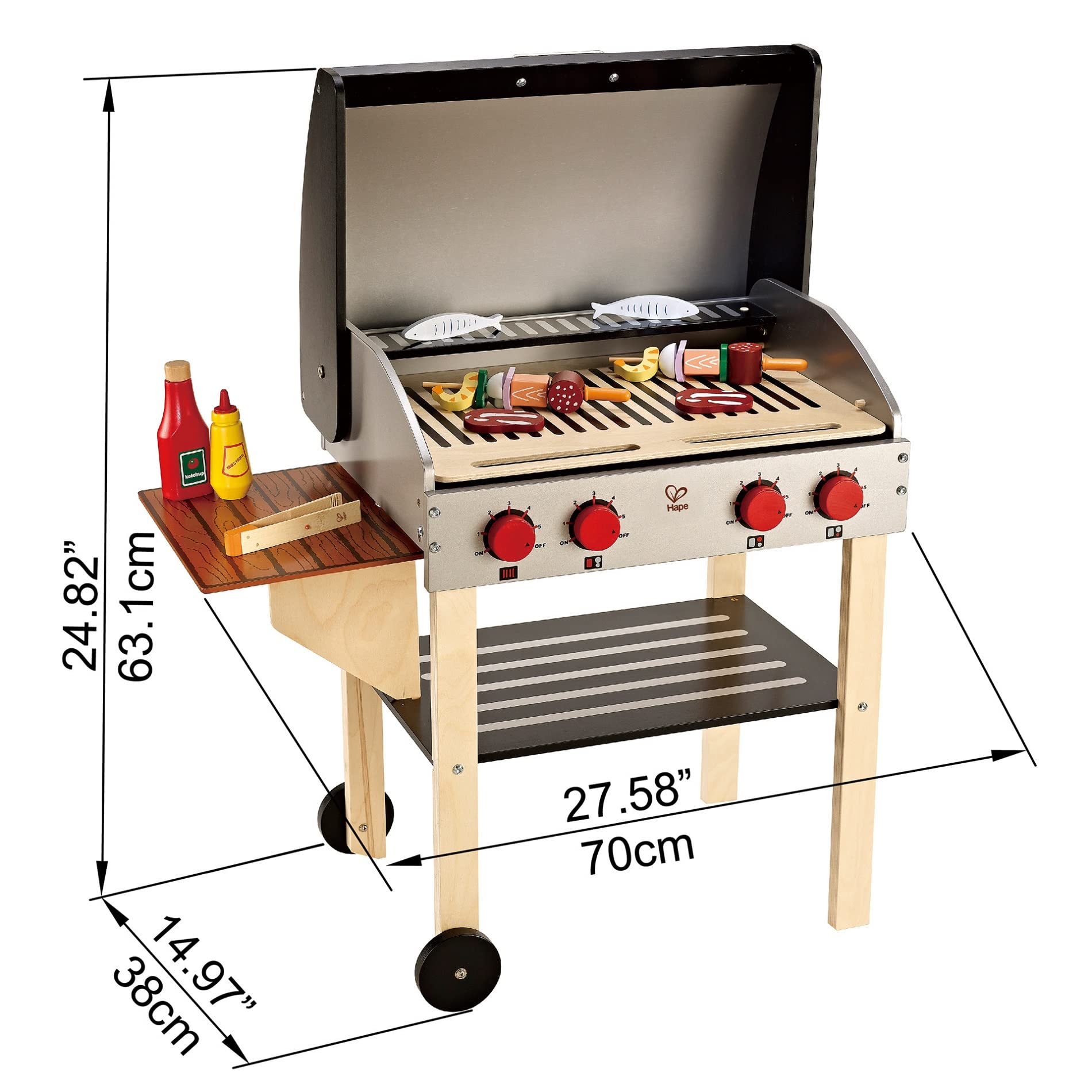 Hape Wooden Gourmet Grill and Shish Kabob Playset - Pretend Play BBQ Cooking Toy Set with Realistic Play Food for Kids | Outdoor & Indoor Role Play, Birthday Gift for Toddlers & Preschoolers