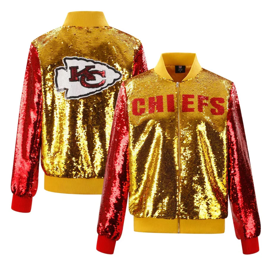 Kansas City Chiefs Women's Sequin Full Zip Jacket - Glittery NFL Football Game Day Outfit for Fans & Tailgating Parties