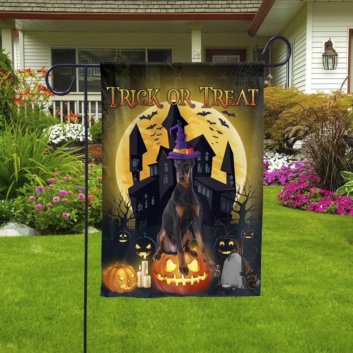 Doberman Halloween Flag - Trick or Treat Decor for Dog Lovers, Outdoor Yard & Garden Banner - Perfect for Halloween Party, Front Porch, and Seasonal Home Decoration