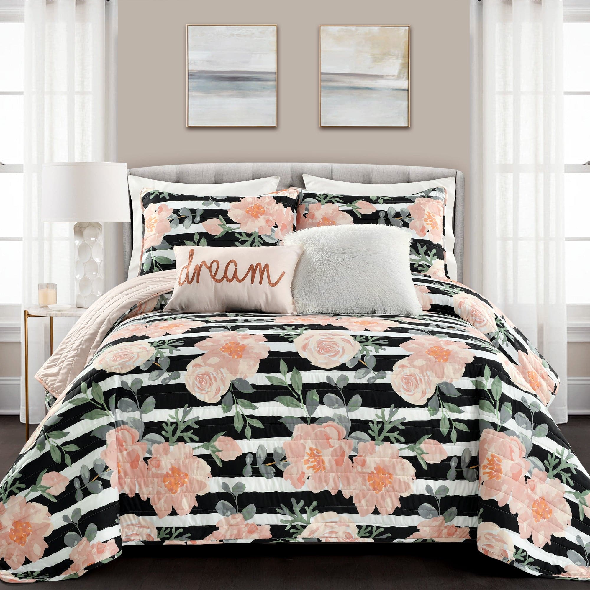 Amara Watercolor Rose Quilt Set - Queen Size Floral Bedding with Matching Pillow Shams - Perfect for Master Bedroom, Guest Room & Cozy Home Decor
