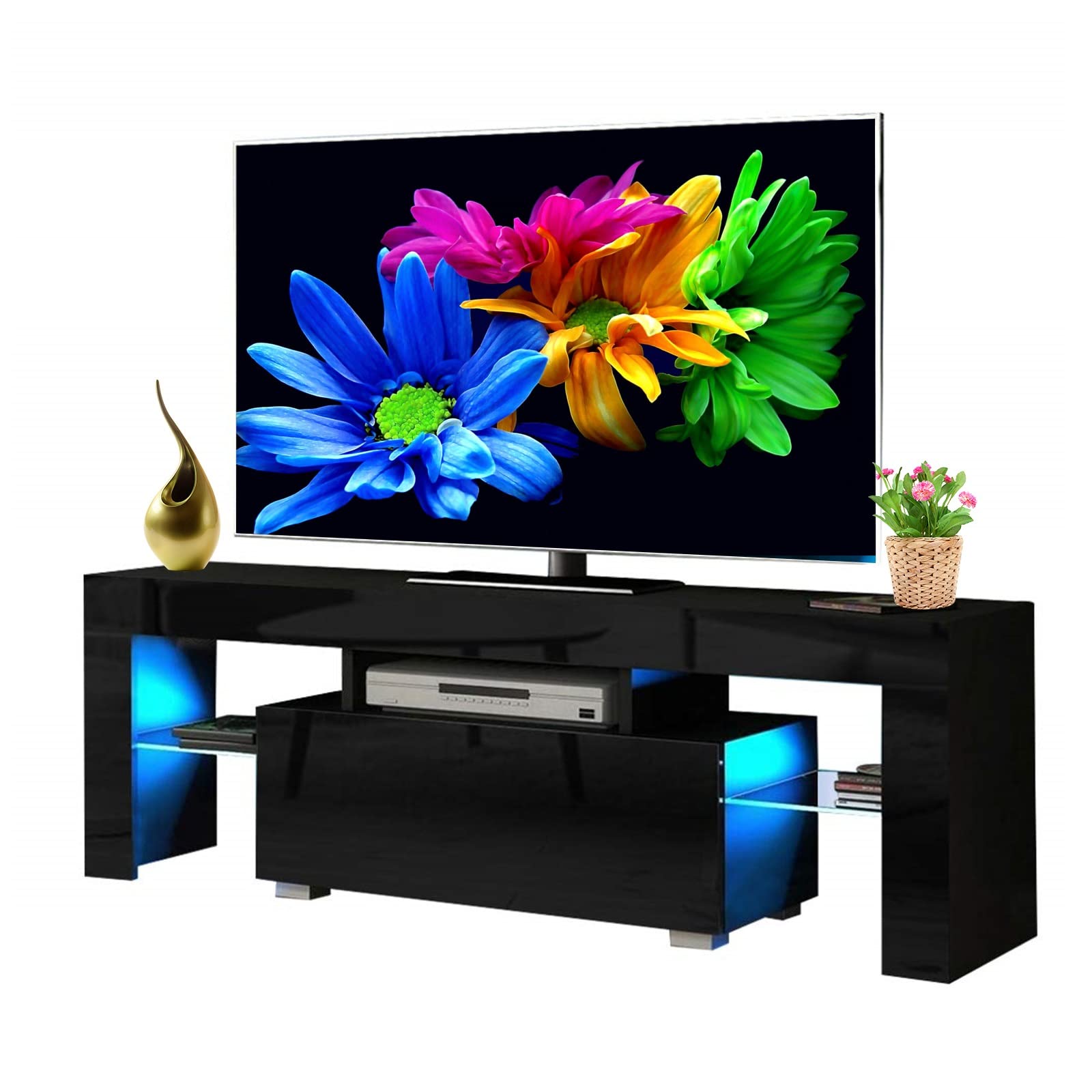Modern TV Stand with 16-Color LED Lights & Storage Drawer - Entertainment Center Cabinet for 55 Inch TVs - Living Room & Bedroom TV Console Table (Black, 1 Drawer) - Perfect for Movie Nights & Gaming Setup