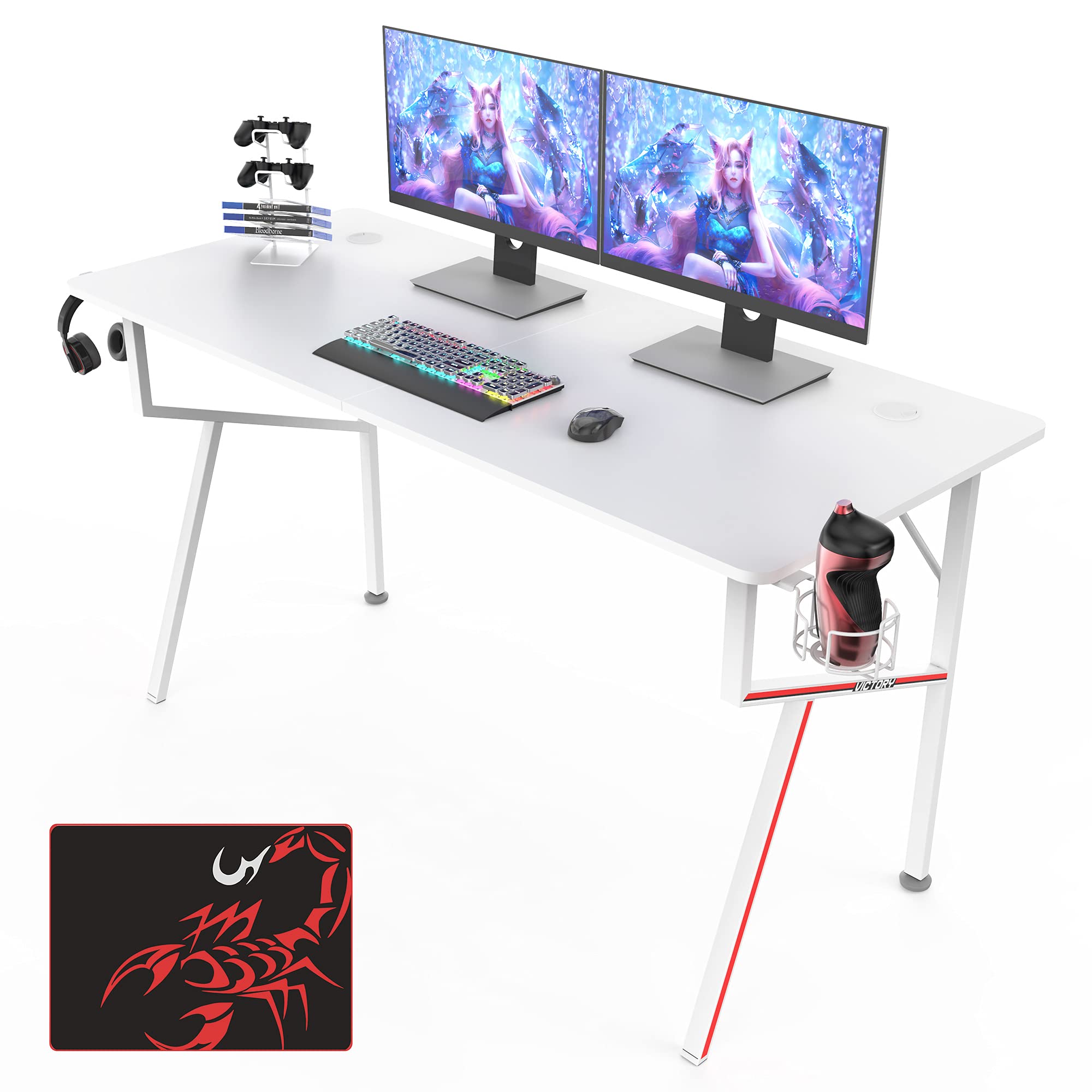 55 Inch Gaming Desk with Mouse Pad, Headset Hook & Cup Holder - Ergonomic Home Office Computer Desk for Gamers & Professionals - Perfect for Gaming, Work & Study Setup