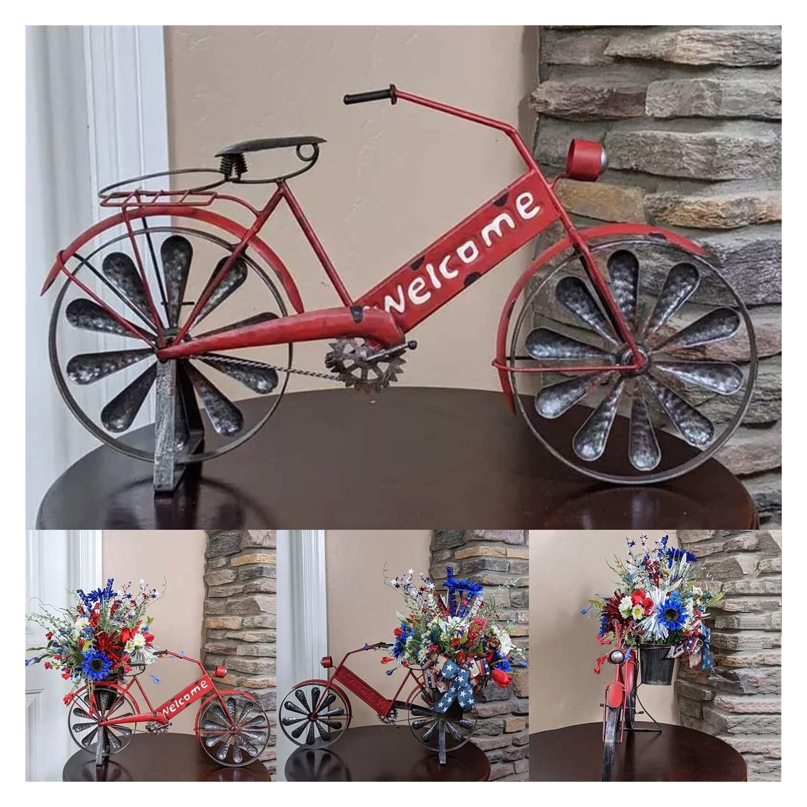 Patriotic Red Bicycle Centerpiece with Blue Truck - Farmhouse Style Independence Day Decor, Flower Pot Ornament for 4th of July Celebrations | Perfect for Table Centerpieces, Porch Displays & Patriotic Home Decor
