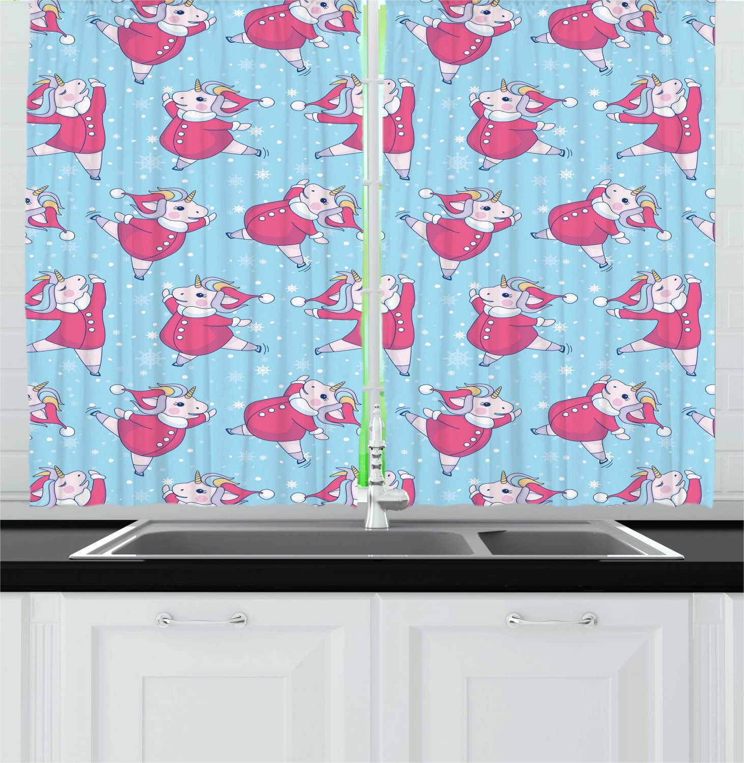 Ambesonne Unicorn & Santa Claus Snowflake Print Long Kitchen Curtains - 2 Panels with Rod Pocket, 55