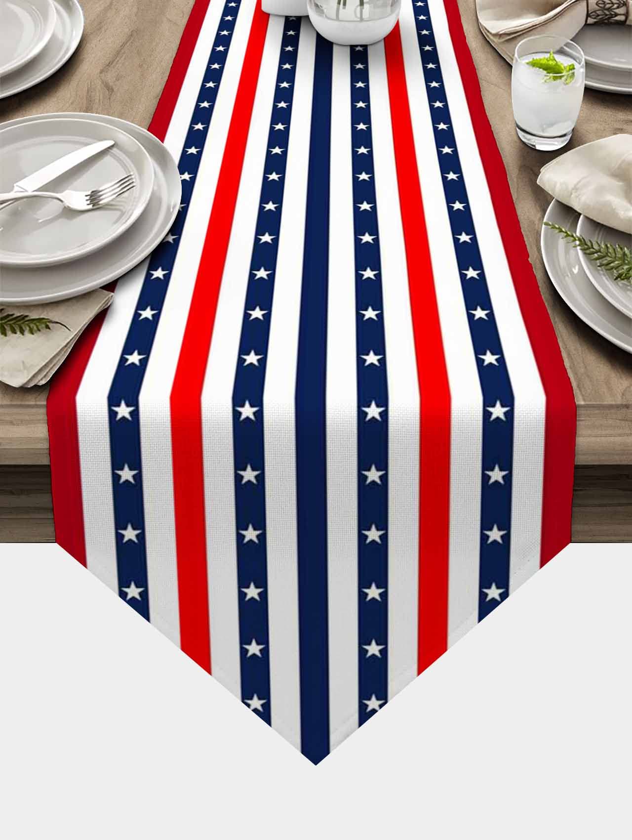 4th of July Patriotic Table Runner - Red White Blue Star Striped Linen Burlap Table Scarf for Kitchen, Dining Room, Farmhouse Decor | Durable Washable for Indoor & Outdoor Use | Perfect for Independence Day Parties, BBQ Gatherings & Holiday Home Decor