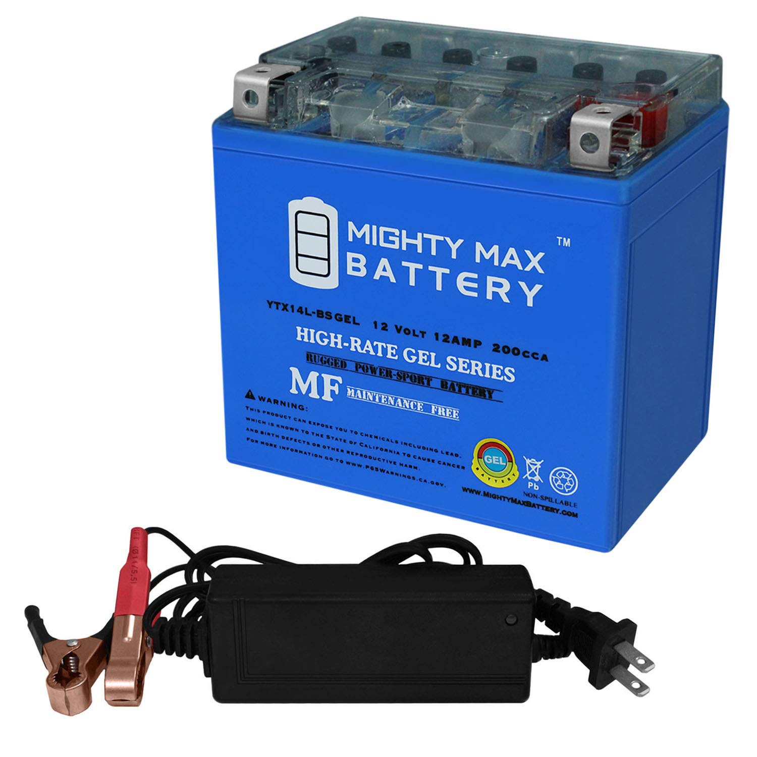 Mighty Max YTX14L-BS 12V 14AH GEL Replacement Battery with 12V 2A Charger - Compatible with Tytaneum 899078 - Perfect for ATVs, Motorcycles & Power Sports Vehicles