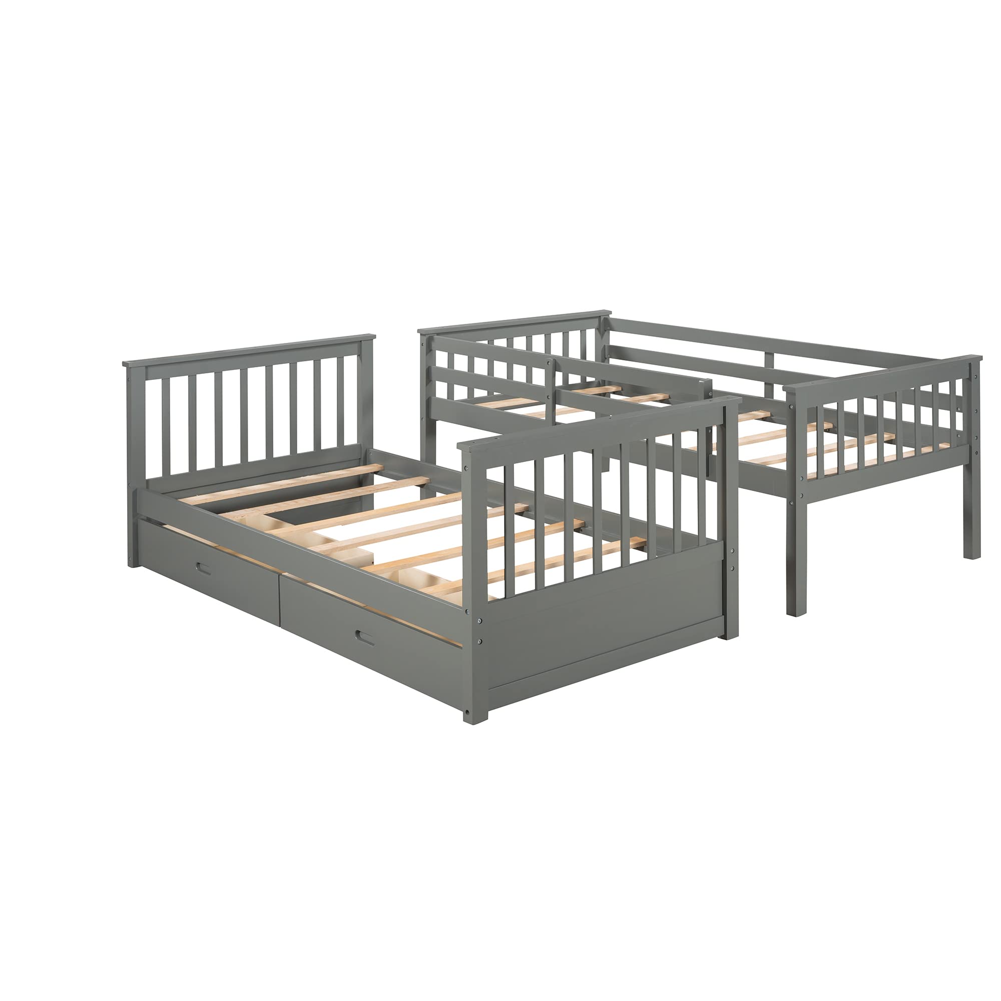 P PURLOVE Twin Over Twin Bunk Bed with 2 Storage Drawers, Solid Wood Bunk Bed Frame with Ladder, Convertible to 2 Separate Twin Beds for Teens, Kids, Boys & Girls - No Box Spring Needed (Gray) | Space-Saving Solution for Small Bedrooms, Dorm Rooms & Shared Kids' Rooms