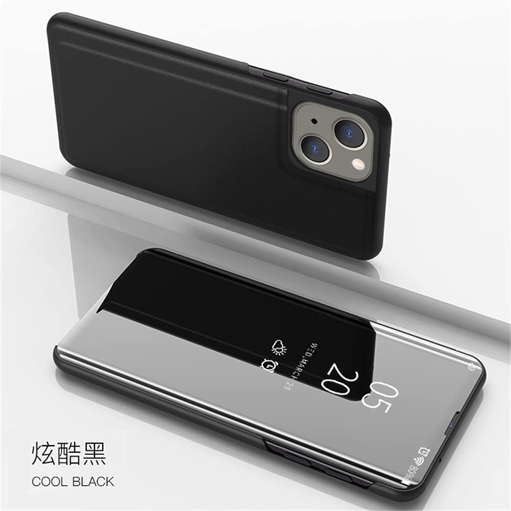 Premium Slim Mirror Flip Case for iPhone 13 Mini - Shockproof Clear View Bookstyle Cover with Kickstand | PU Leather Protective Phone Case (Black) | Perfect for Work, Travel & Everyday Use