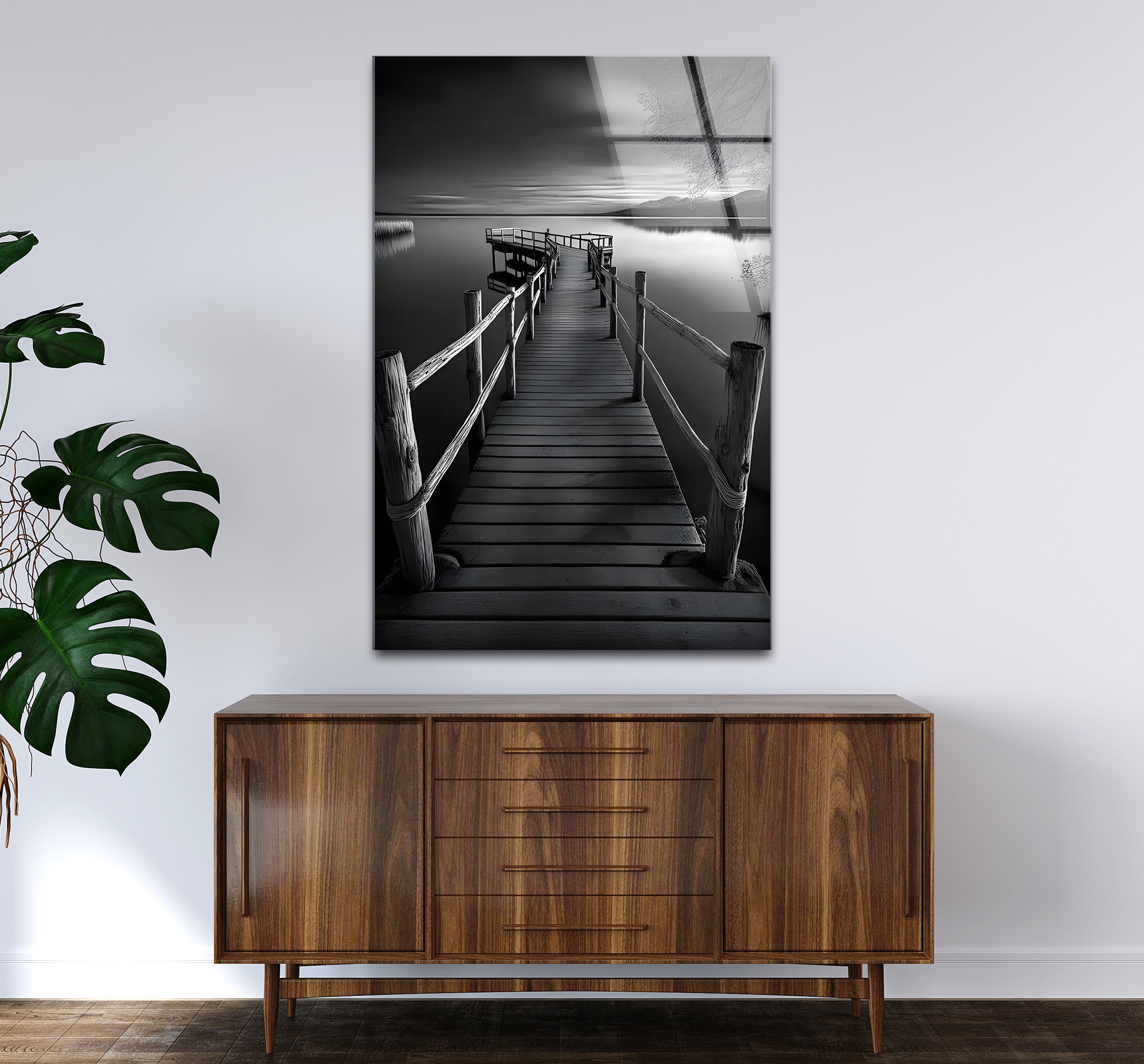 Black and White Dock Landscape Glass Wall Art - Modern Framed Home Decor for Living Room, Bedroom, Office | Coastal Nautical Theme