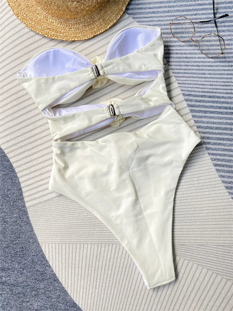 Sexy 3D Flower Bandeau One Piece Swimsuit for Women - High Waist Monokini with Cut Out Design | 2024 Trendy Swimwear for Beach, Pool & Vacation