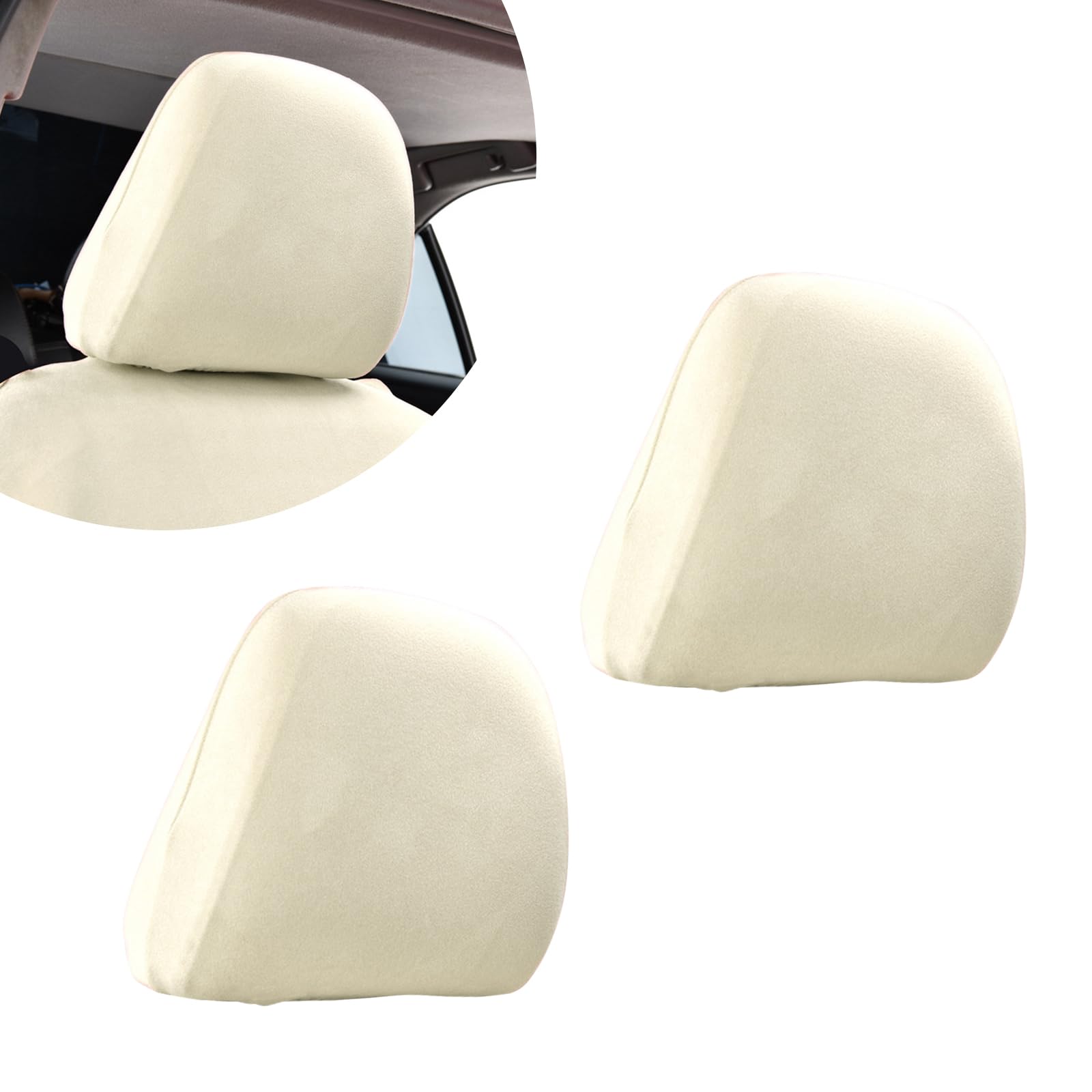2 Pack Universal Car Seat Headrest Covers - Reusable Stretchable Headrest Protectors, Anti-Dirty Fully Wrapped Car Accessories (Beige Velvet) - Perfect for Road Trips, Daily Commute & Protecting Leather Seats