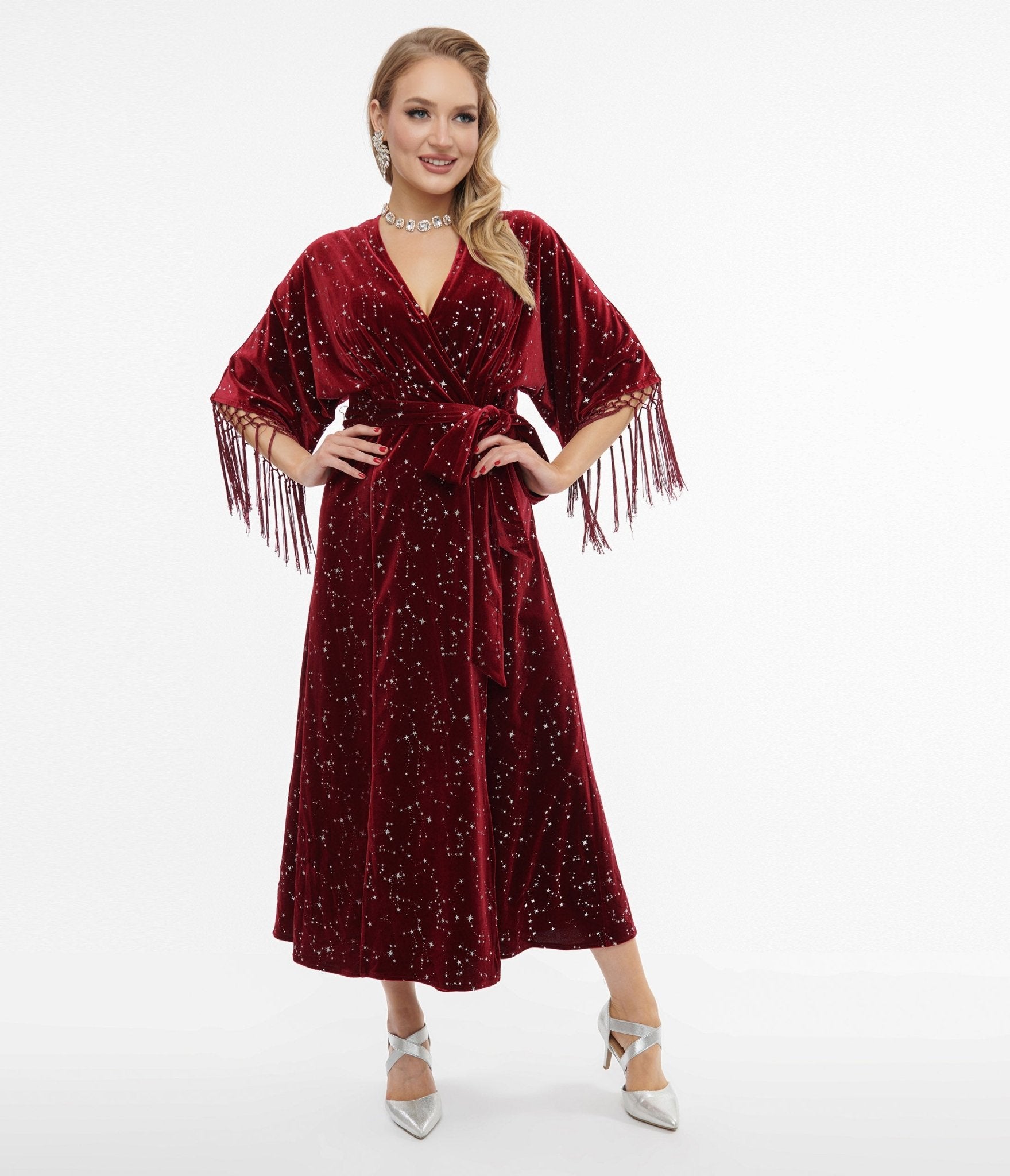 Vintage 1970s Burgundy Velvet Wrap Dress with Silver Stars - Retro Midi Dress for Women, Perfect for Holiday Parties & Special Occasions