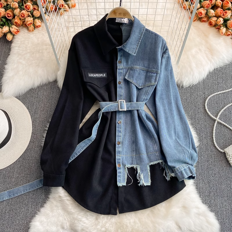 Korean Style Denim Stitching Dress - Mid Length Irregular Hem Shirt for Women | Fall Winter Fashion | Perfect for Casual Outings, Office Wear & Date Nights