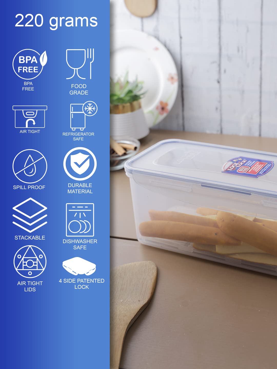 LOCK & LOCK Airtight Rectangular Food Storage Container with Drain Tray - 64.63 oz (8.45 Cup) BPA-Free Plastic Kitchen Organizer - Perfect for Meal Prep, Leftovers & Refrigerator Storage