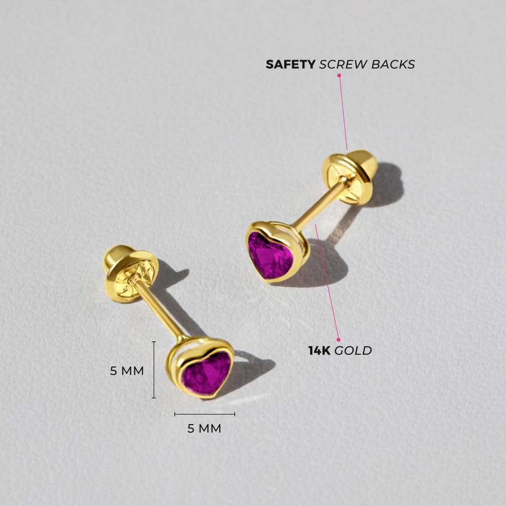 14K Yellow Gold 4mm Bezel Set Heart Cubic Zirconia Screw Back Earrings for Baby Girls, Toddlers & Young Kids - Cute Heart Stud Earrings with Secure Locking Backs - Perfect for Birthdays, Christenings & First Piercing Gifts