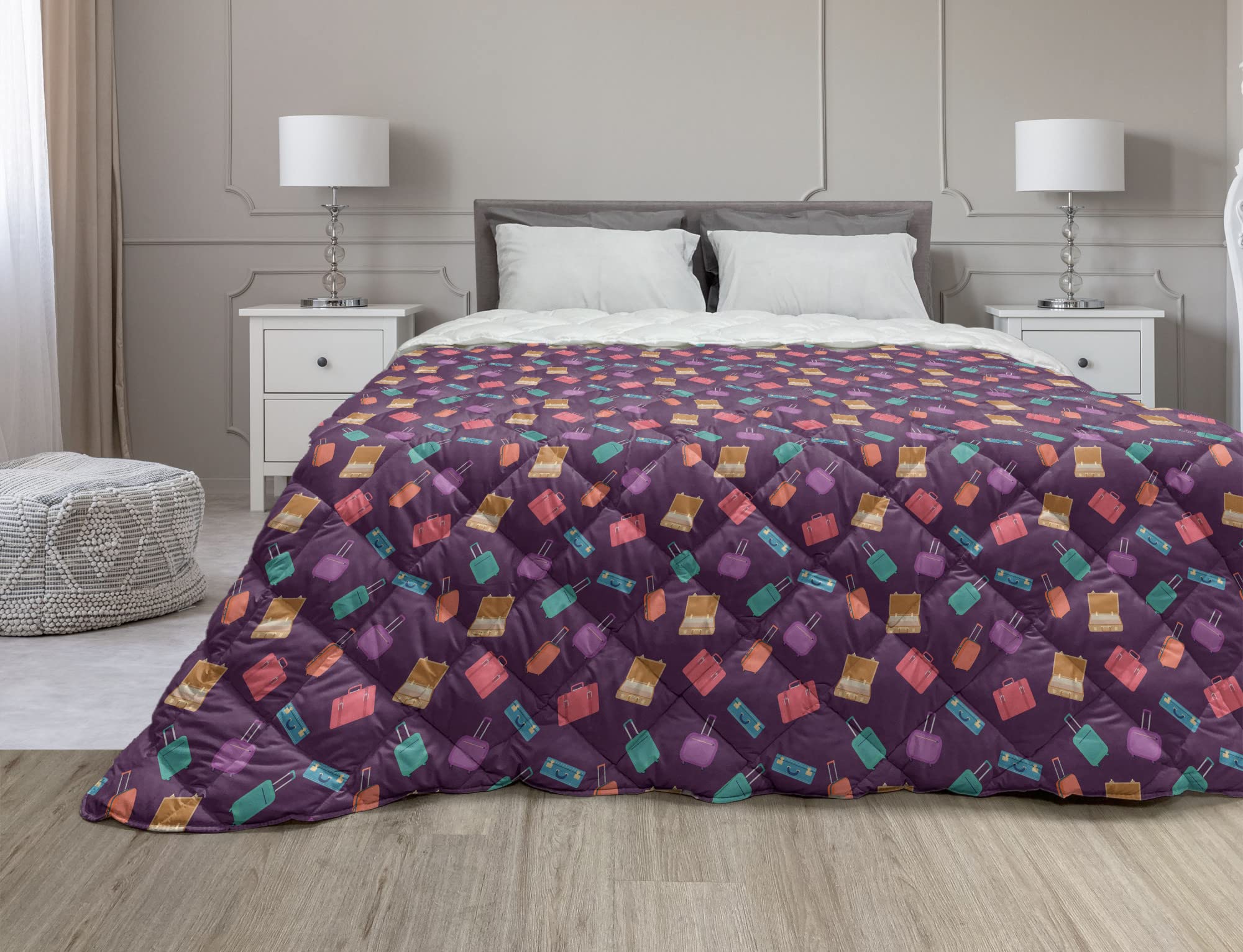 Ambesonne Lightweight Travel Down Alternative Comforter - Colorful Suitcase Design, Soft Microfiber All-Season Quilt - Twin Size Plum Multicolor - Perfect for Guest Rooms, Dorms & Cozy Bedroom Decor