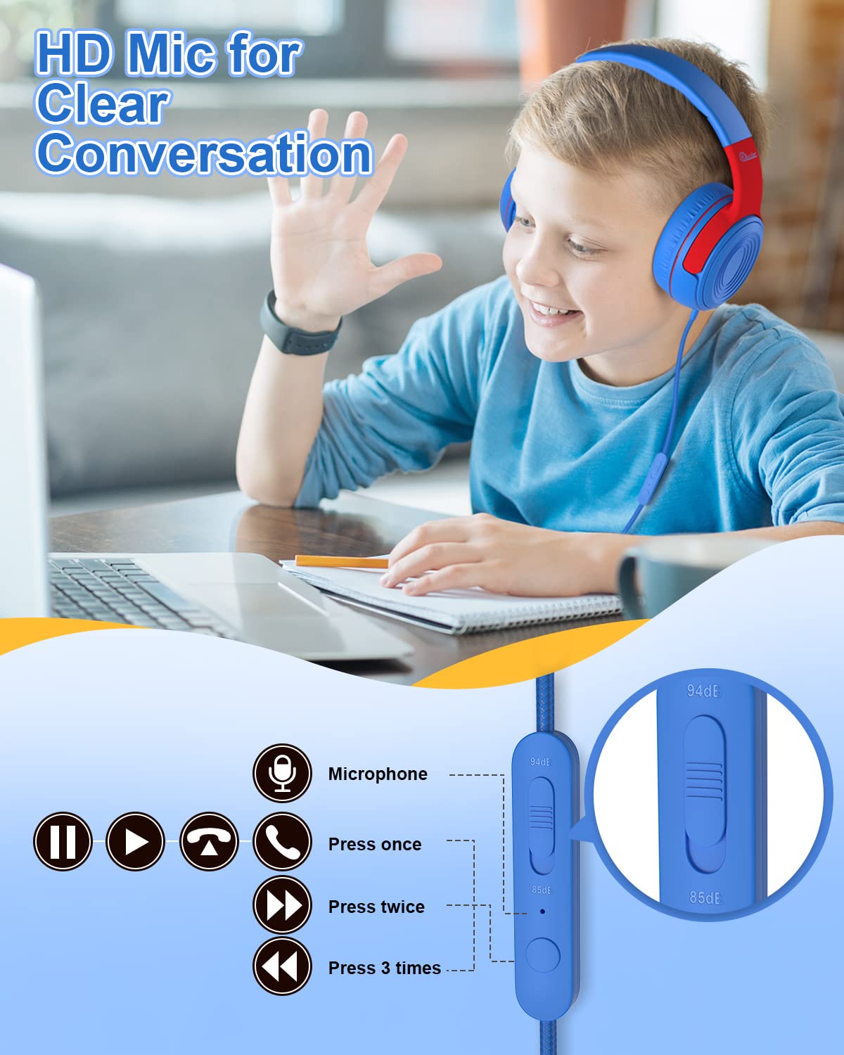 ELECDER S8 Kids Headphones with Microphone - 85dB/94dB Volume Limited, Adjustable Wired Headphones for Boys & Girls - 3.5mm Jack Compatible with School, Kindle, Smartphones, Tablets & Airplane Travel (Blue/Red) - Perfect for Online Classes, Gaming & Long Flights