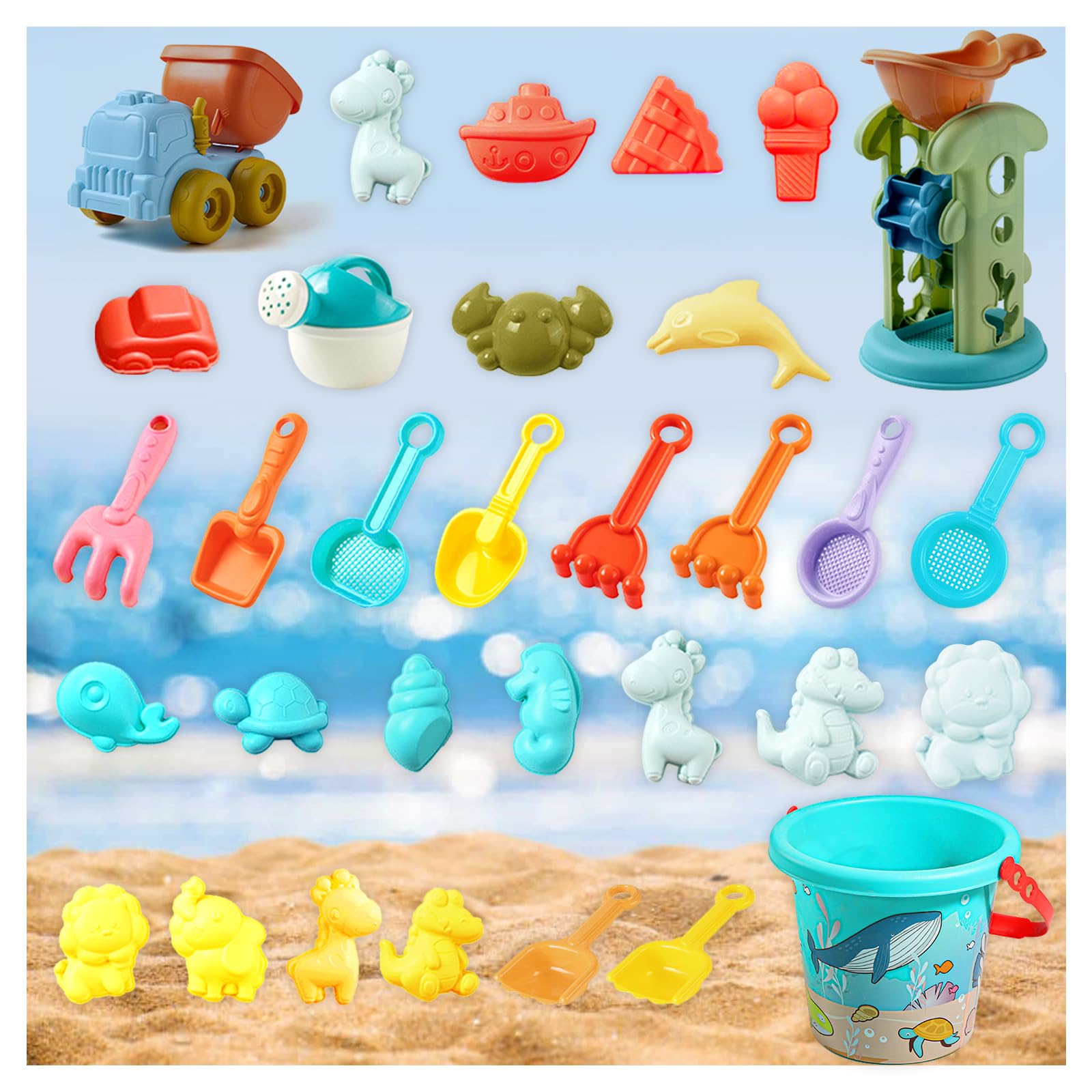 Xiuyer 32-Piece Beach Games Set - Plastic Sand Tray, Bucket, Shovel, Rake & Net Bag for Kids - Fun Outdoor Beach Toys for Children's Sandcastle Building & Summer Beach Activities