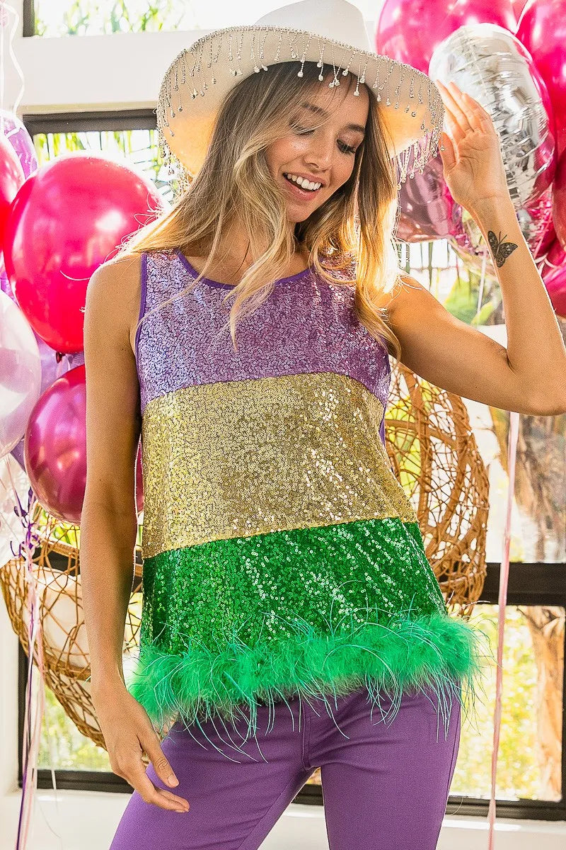 BiBi Mardi Gras Color Block Faux Feather Hem Sequin Top | Glam Party Blouse for Carnival, Costume Party & Night Out