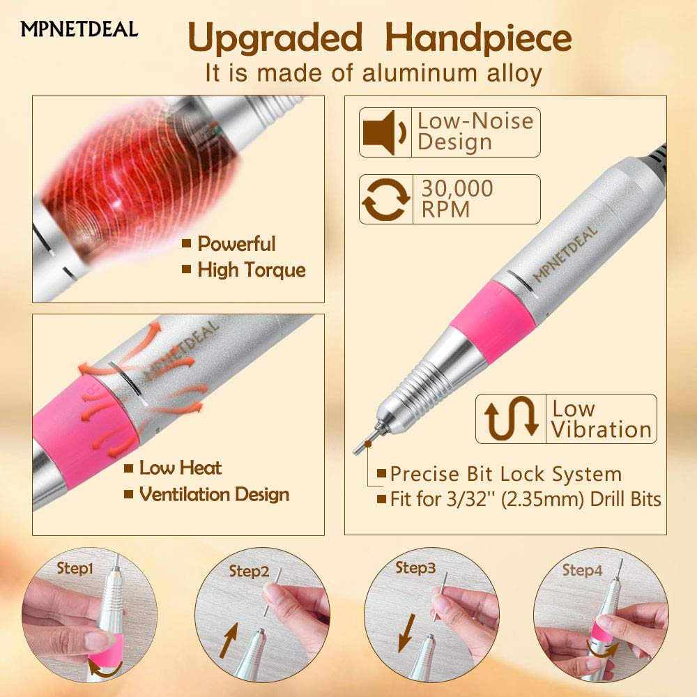 Professional Electric Nail Drill Machine 30000RPM - Efile Manicure Pedicure Tool with Foot Pedal for Acrylic, Gel & Natural Nails | Perfect for Home Use & Salon (Pink) | DIY Nail Art, French Tips & Nail Extensions