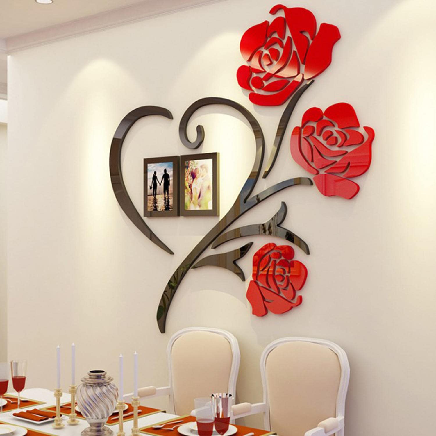 3D Rose Flower Wall Stickers with Photo Frames - DIY Acrylic Wall Decor for Bedroom, Living Room & Home - Romantic Family Picture Frames Collage - Perfect for Wedding, Anniversary Gifts & Nursery Decor