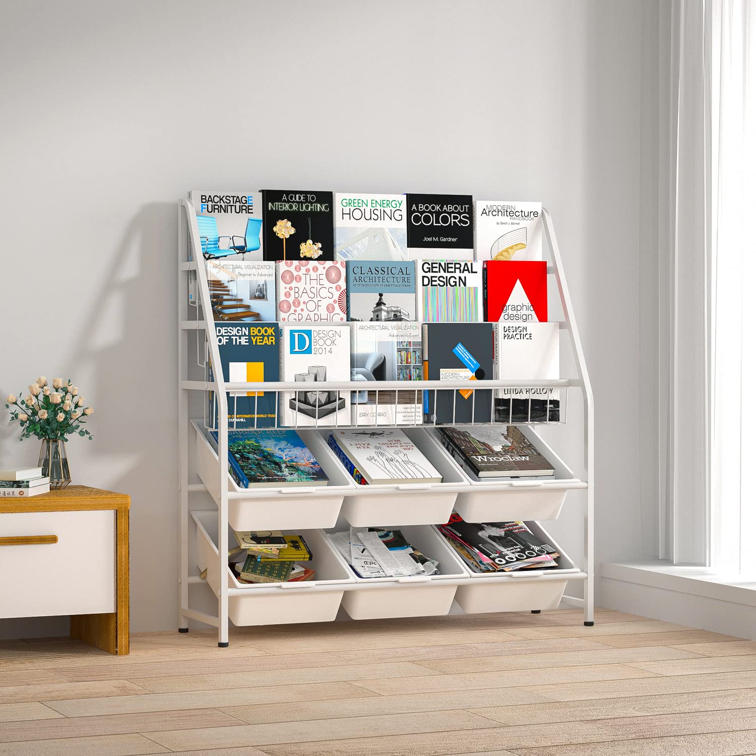 JAQ Kids Bookshelves with Storage Bins - 3-Tier Metal Bookcase & 2-Tier Storage Organizer for Nursery, Playroom & Study Room - White 5-Tier Bookshelf (39.17 Inch) - Perfect for Preschoolers' Toy Storage & Book Display