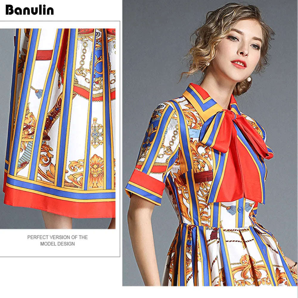 Banulin Women's Summer Short Sleeve Collar Stripe Printed Bow Midi Dress - 2020 Newest Runway Designer Fashion for Beach, Party & Casual Wear