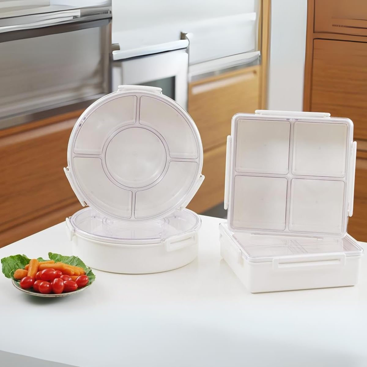 Premium 5-Compartment Airtight Round Serving Tray with Lid - Portable Snack Organizer, Charcuterie Box for Cheese, Fruits, Vegetables & Party Snacks - Perfect for Picnics, Camping & Entertaining