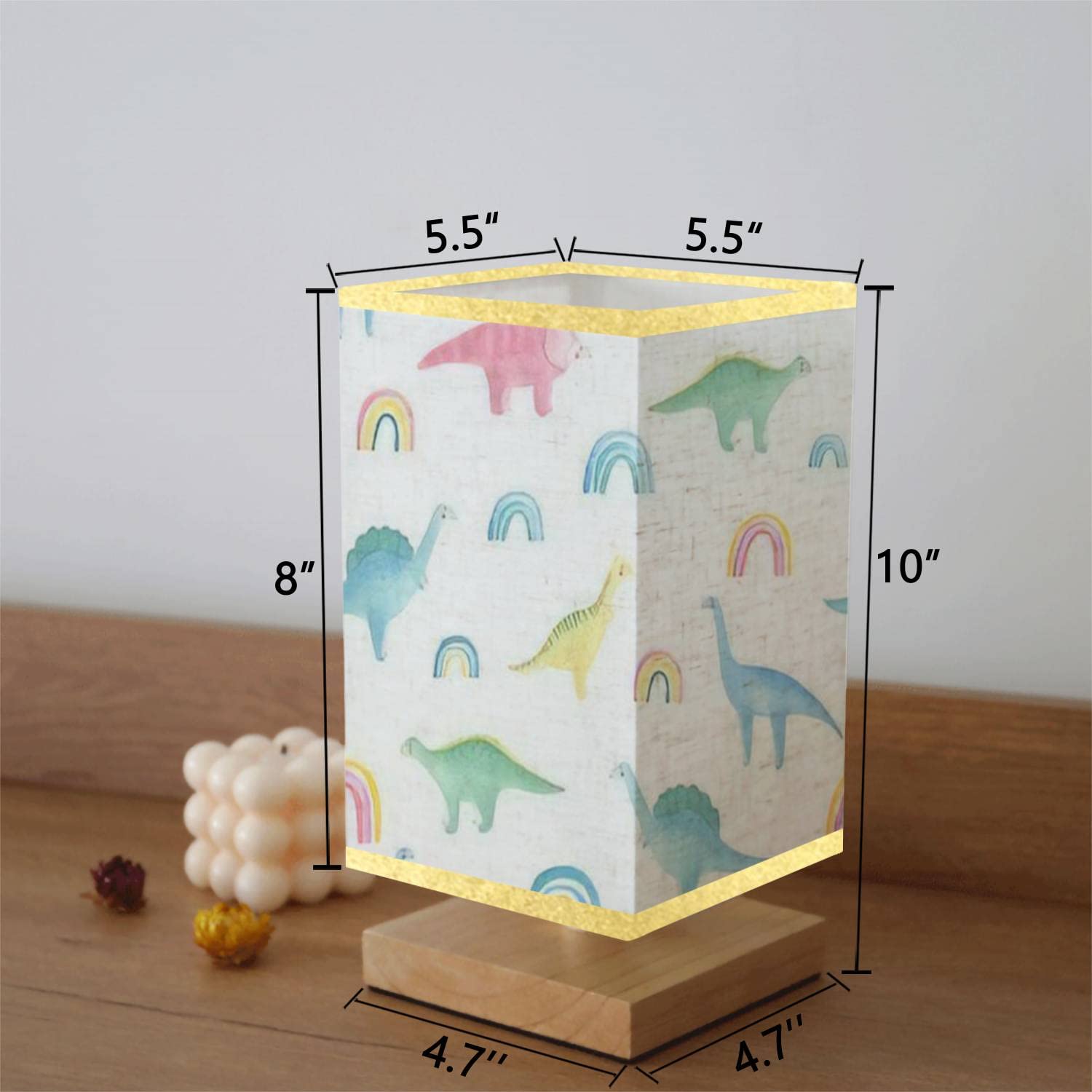 Dimmable Dinosaur Kids Nightstand Lamp - Wooden Base with Flaxen Fabric Shade, Square Bedside Table Light for Children's Room, Nursery, Bedroom & Living Room | Perfect Reading Light and Cozy Nightlight for Bedtime