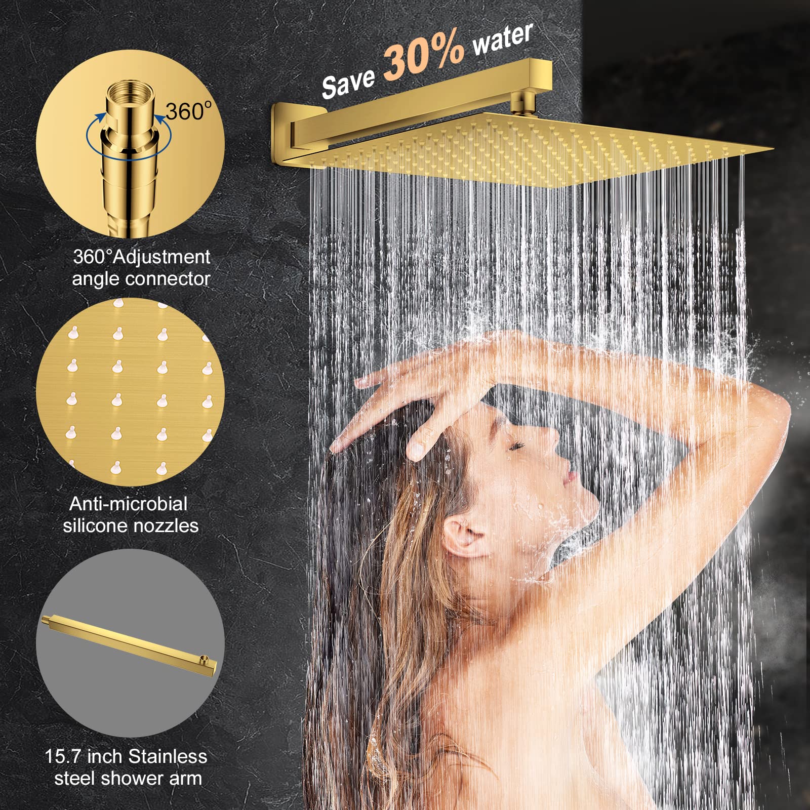 JOMEOO 12 Inch Brushed Gold Shower System - Wall Mounted High Pressure Rainfall Shower Head with Handheld Sprayer, Luxury Bathroom Shower Faucet Set with Rough-in Valve & Trim for Spa-Like Experience