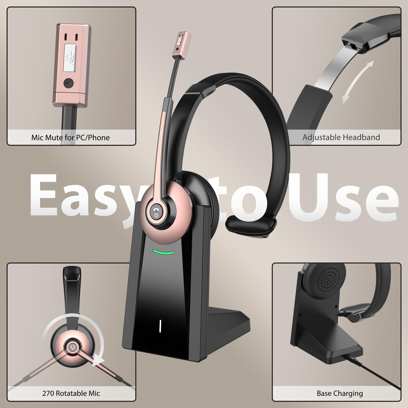 Earbay Wireless Bluetooth Headset with Noise Canceling Mic, USB Dongle & Charging Base - Mute Function for Home Office, Computer, Laptop, Call Center - Perfect for Zoom Meetings & Microsoft Teams Calls