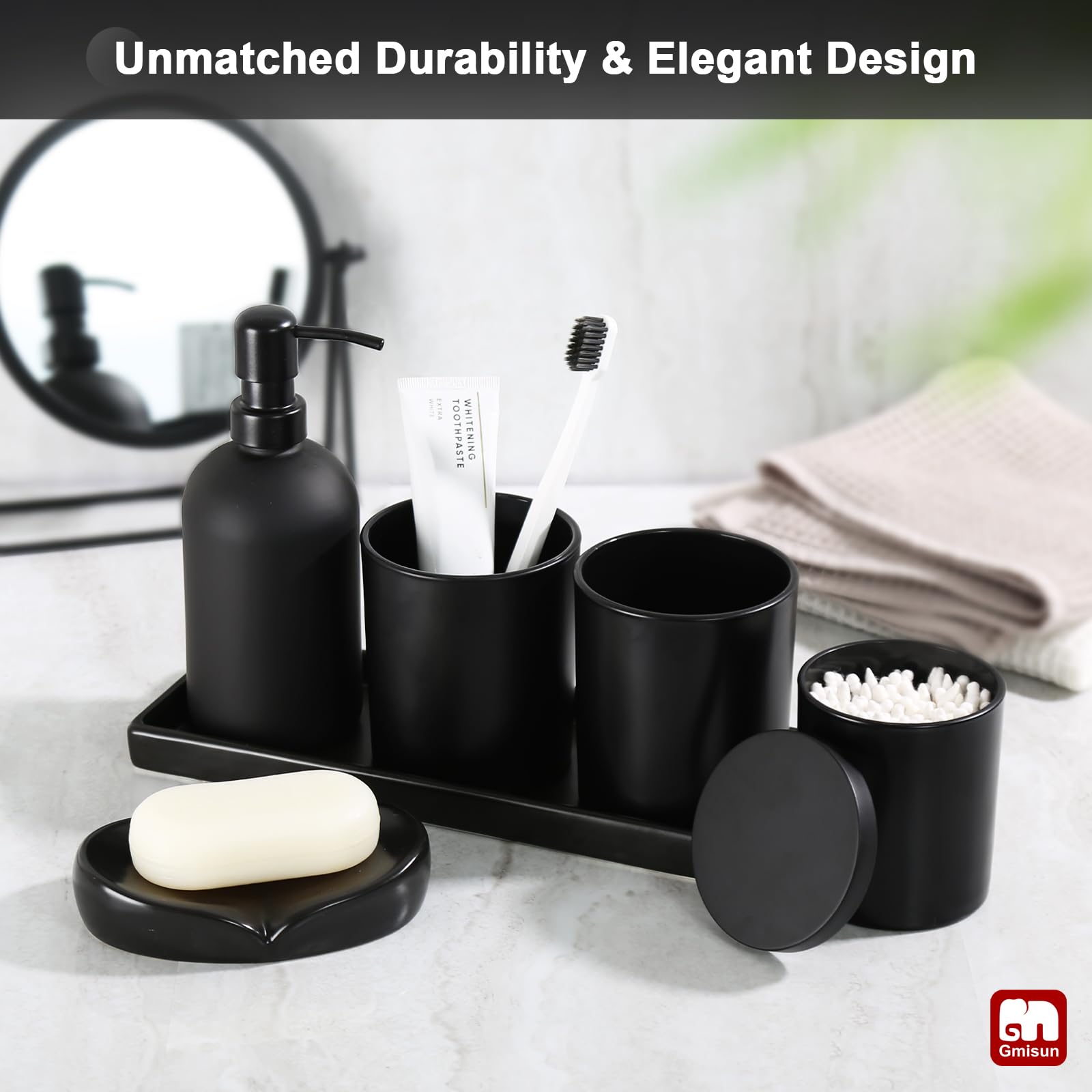 GMISUN 6-Piece Matte Black Bathroom Accessories Set - Glass Soap Dispenser, Toothbrush Holder & Ceramic Tray | Modern Sink Counter Decor for Bathroom Organization & Stylish Home Upgrade