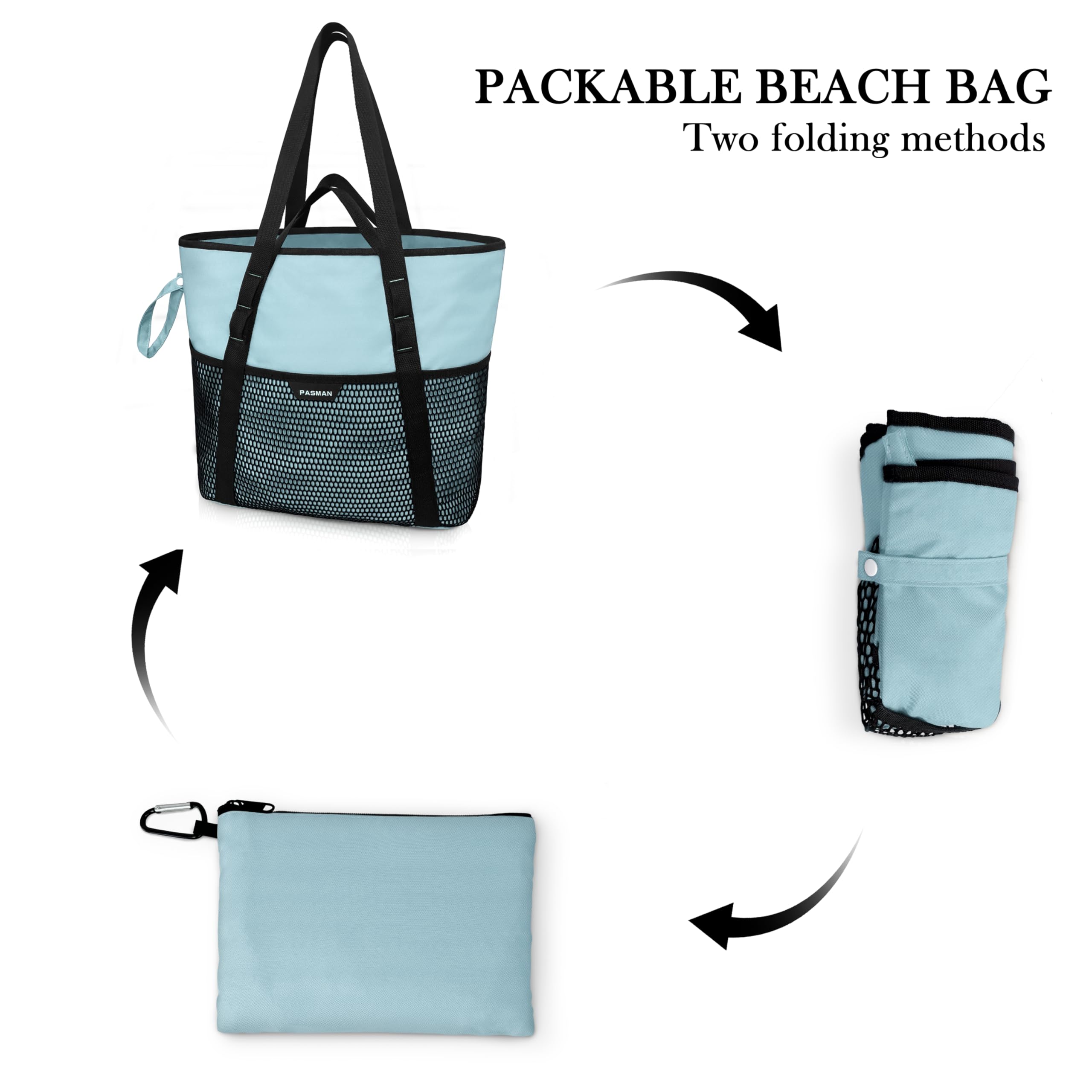 Waterproof Beach Bag with Zipper - 8 Pockets Sandproof Foldable Lightweight Tote for Women, Large Family Swim Bag for Vacation, Pool, Travel & Outdoor Activities