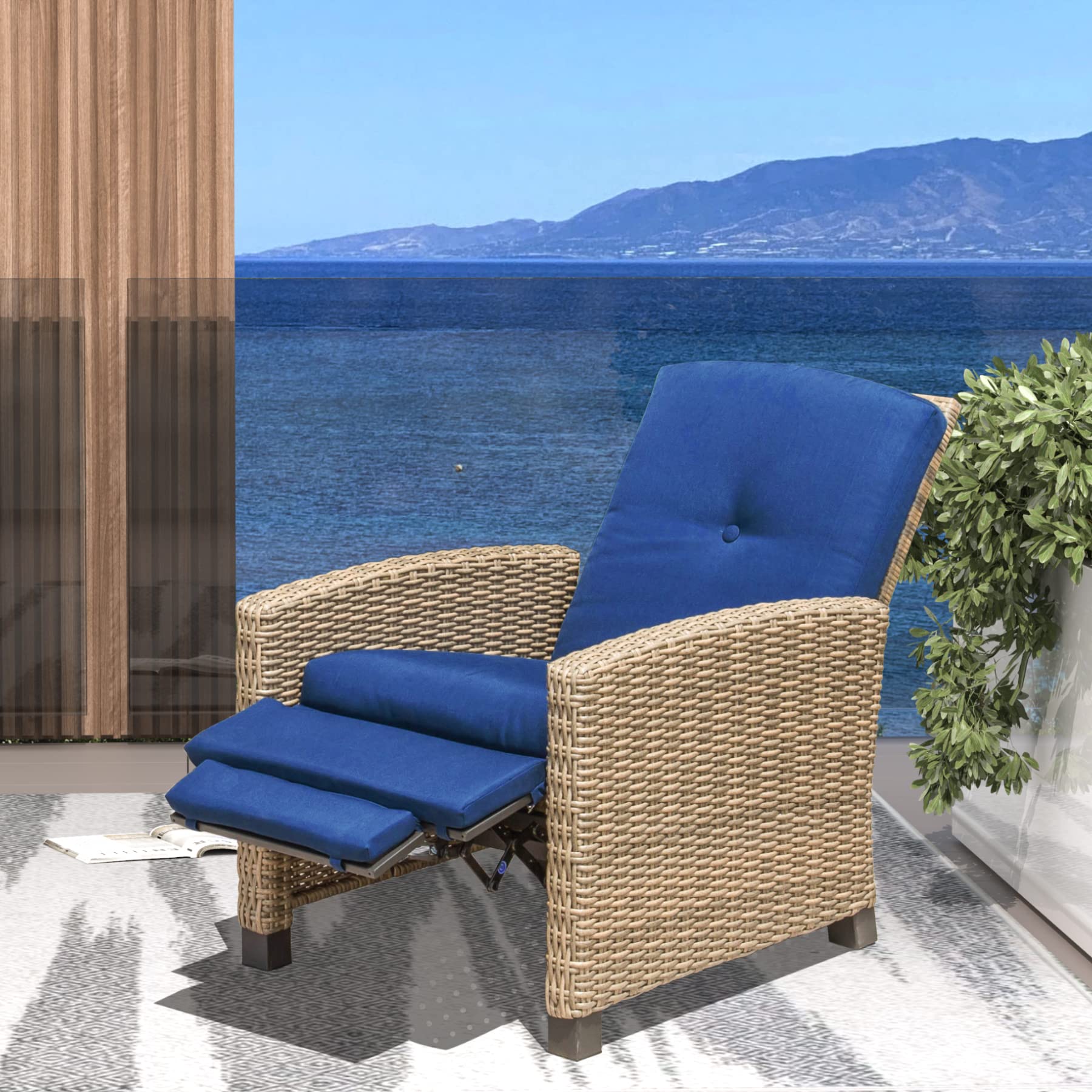 Domi All-Weather Wicker Reclining Patio Chair with Blue Cushion - Indoor & Outdoor Comfort for Relaxing on Patio, Deck, or Garden