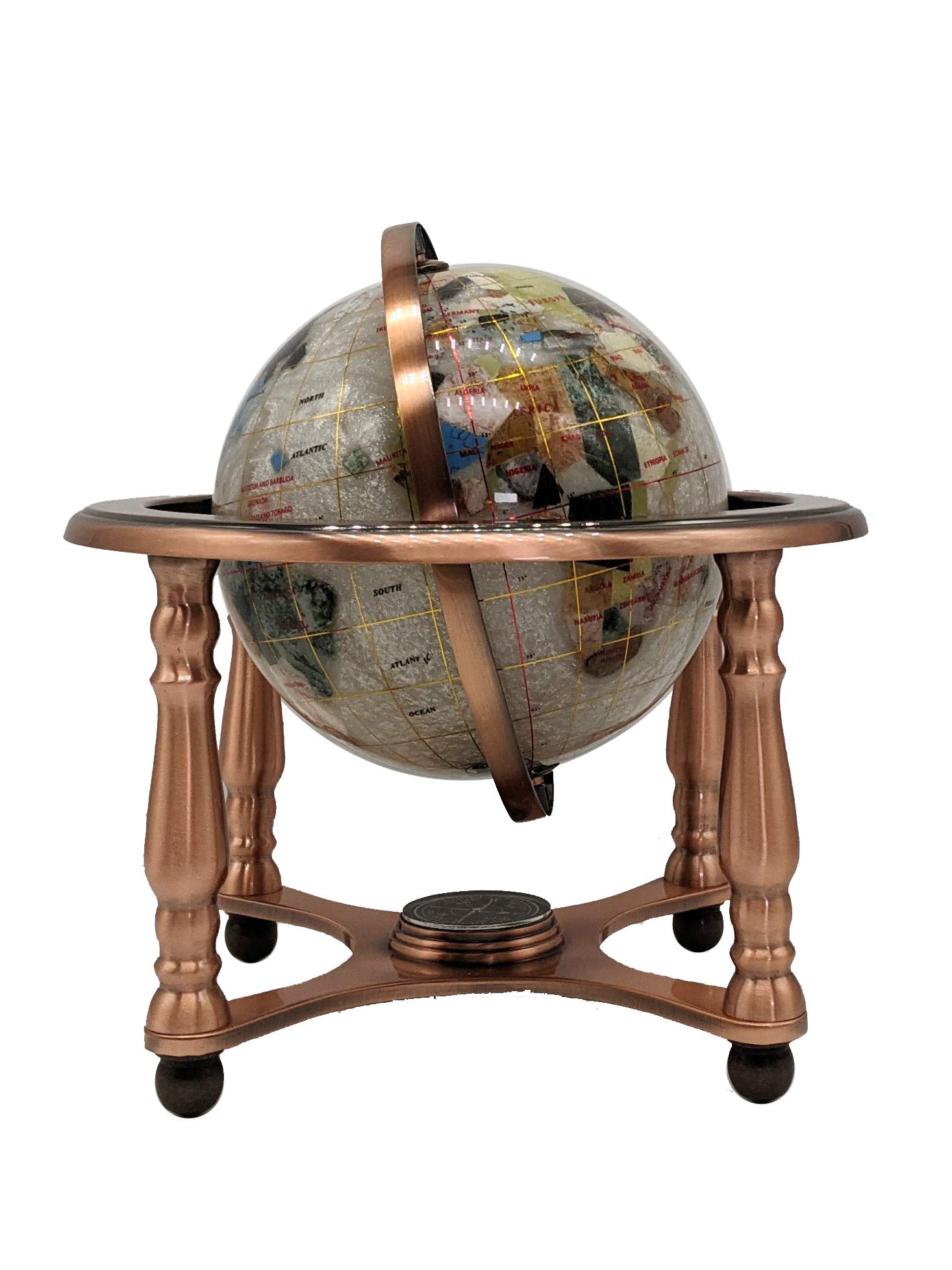 10-Inch Pearl Swirl Ocean Gemstone World Globe with Copper Stand - Unique Art Tabletop Decor for Home, Office & Gift Giving