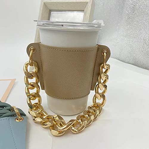 Eco-Friendly Reusable Leather Coffee Sleeve with Detachable Chain - Insulated Sleeve for Hot & Iced Coffee, Boba Tea, and Beverages - Gold Coffee Purse Carrier (One Size Fits All) - Perfect for Office, Travel, and Daily Commute