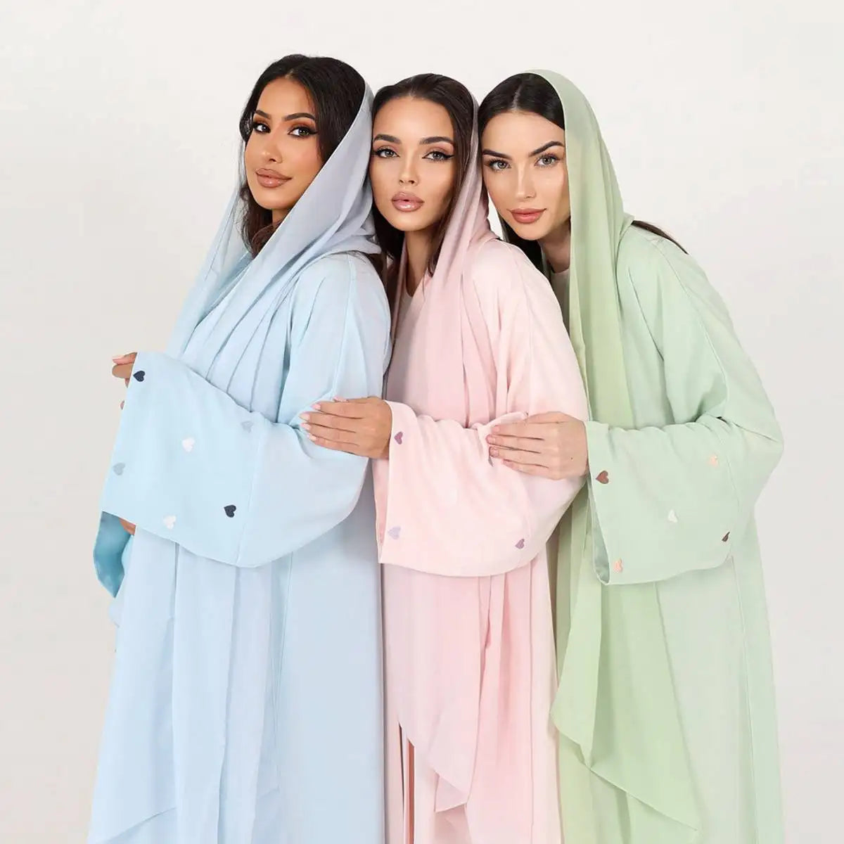 Elegant Heart Embroidery Muslim Women's Nida Cardigan Open Abaya Dress - Perfect for Prayer, Eid, and Special Occasions