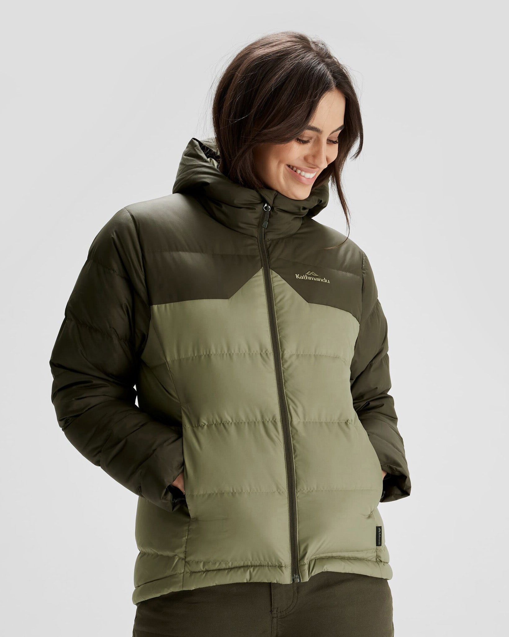 Women's Epiq Hooded Down Jacket - Waterproof Winter Coat with Warm Insulation, Beech/Dark Moss Color Options - Perfect for Outdoor Activities & Cold Weather Fashion