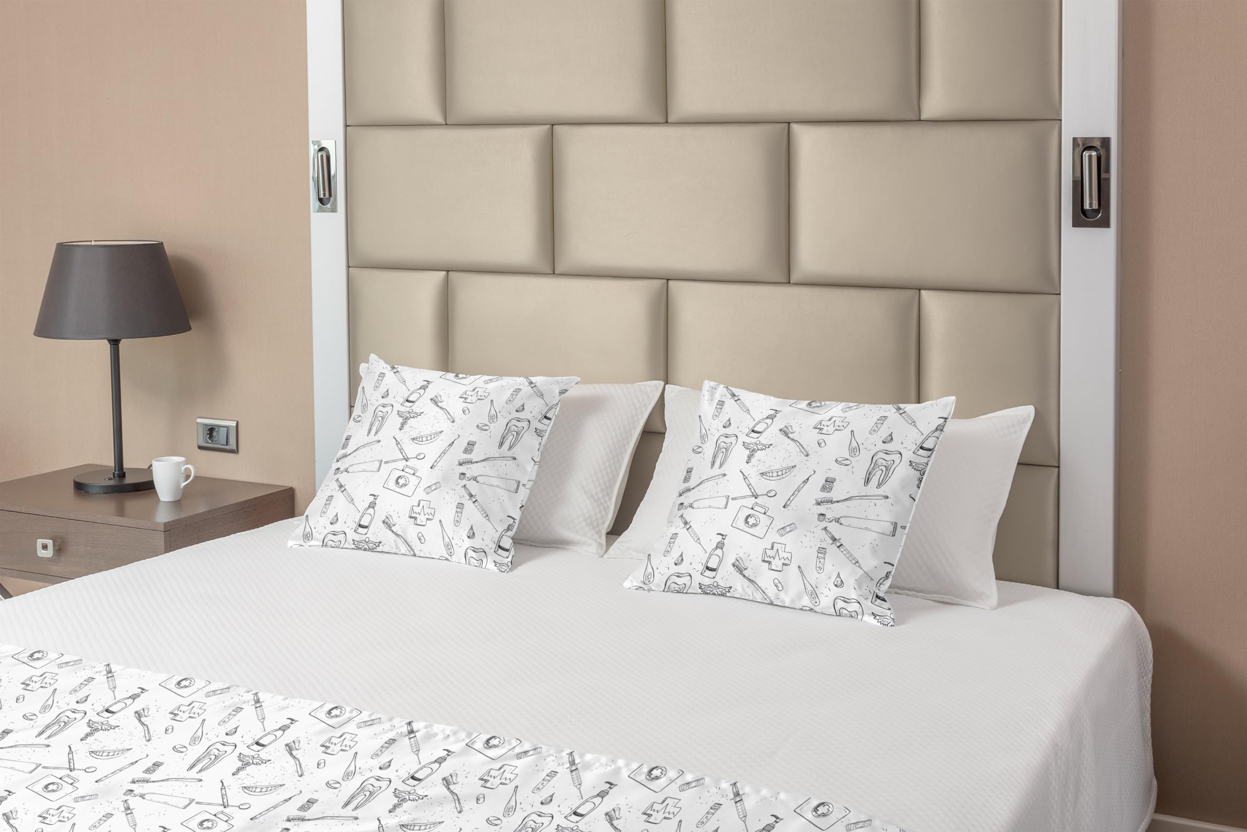 Ambesonne Hipster Bed Runner Set - Hand Drawn Dental Hygiene Themed Teeth Care Pattern, Decorative Bed Scarf & Pillow Sham for Queen Size Beds | Black & White Design | Perfect for Hotels, Homes & Unique Bedroom Decor