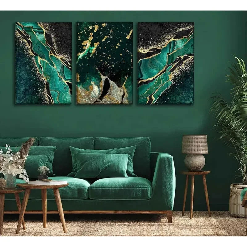 3-Piece Green and Gold Marble Texture Metal Wall Art - Ready to Hang Modern Home Decor for Living Room, Bedroom & Office