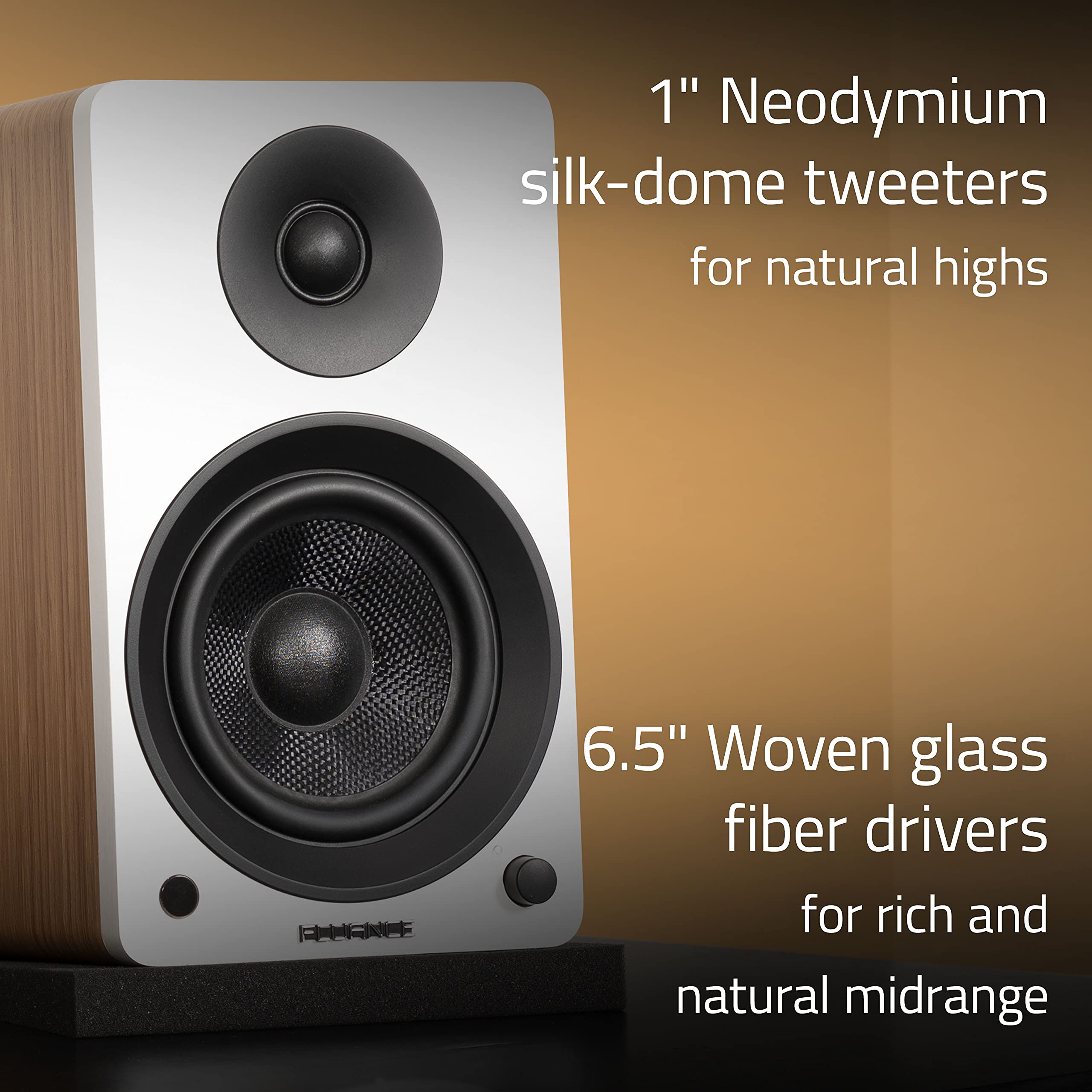 Fluance Ai61 White Walnut Powered 2.0 Stereo Bookshelf Speakers with 6.5