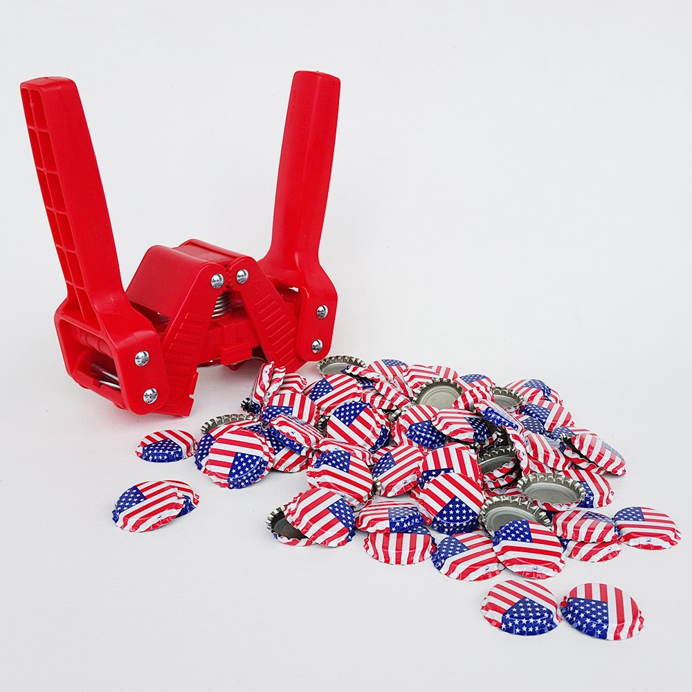Red Baron Bottle Capper with American Flag Crown - 144 Oxygen Barrier Beer Bottle Caps for Home Brewing, Craft Beer & Bottling - Durable Bottle Sealer for Beer, Soda & Homemade Beverages