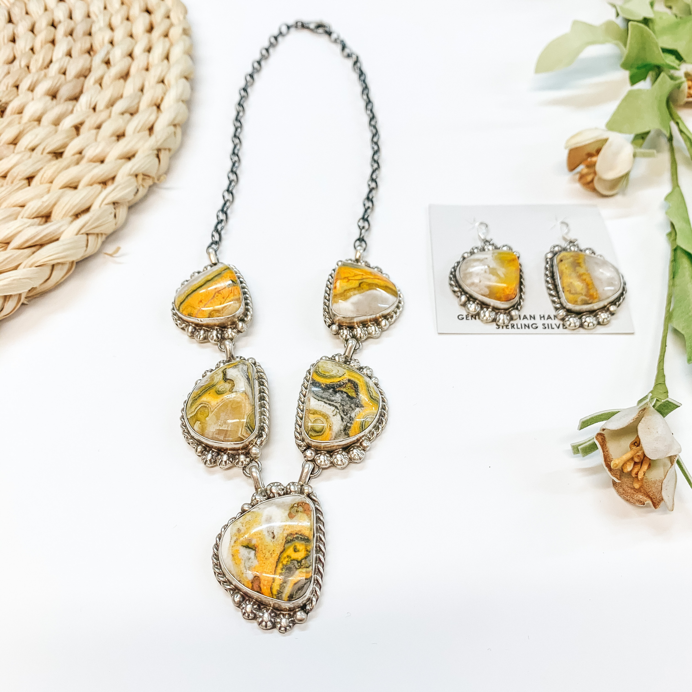Betta Lee | Authentic Navajo Handmade Sterling Silver & Bumble Bee Jasper Jewelry Set - Necklace & Earrings for Women | Perfect for Boho Fashion, Gift Giving & Special Occasions