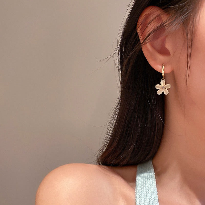 Cat Eye Stone Flower Charm Drop Hoop Earrings for Women | HE6205 | Elegant Jewelry for Parties, Weddings & Special Occasions