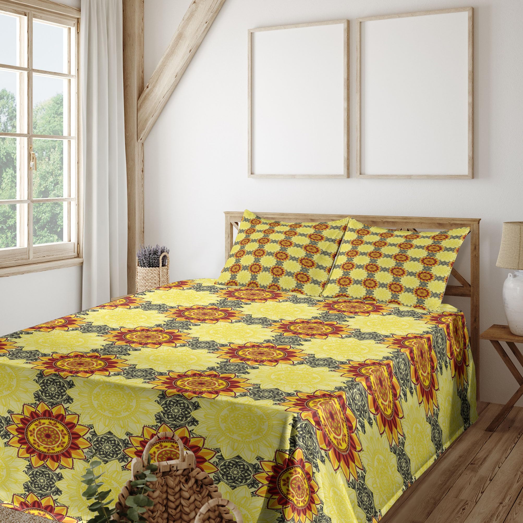 Ambesonne Mandala 4-Piece King Size Sheet Set - Vibrant Yellow Black Ruby Boho Floral Design with Fitted Sheet, Flat Sheet & Pillowcases | Perfect for Bohemian Bedroom Decor, Guest Room Makeover & Meditation Retreats