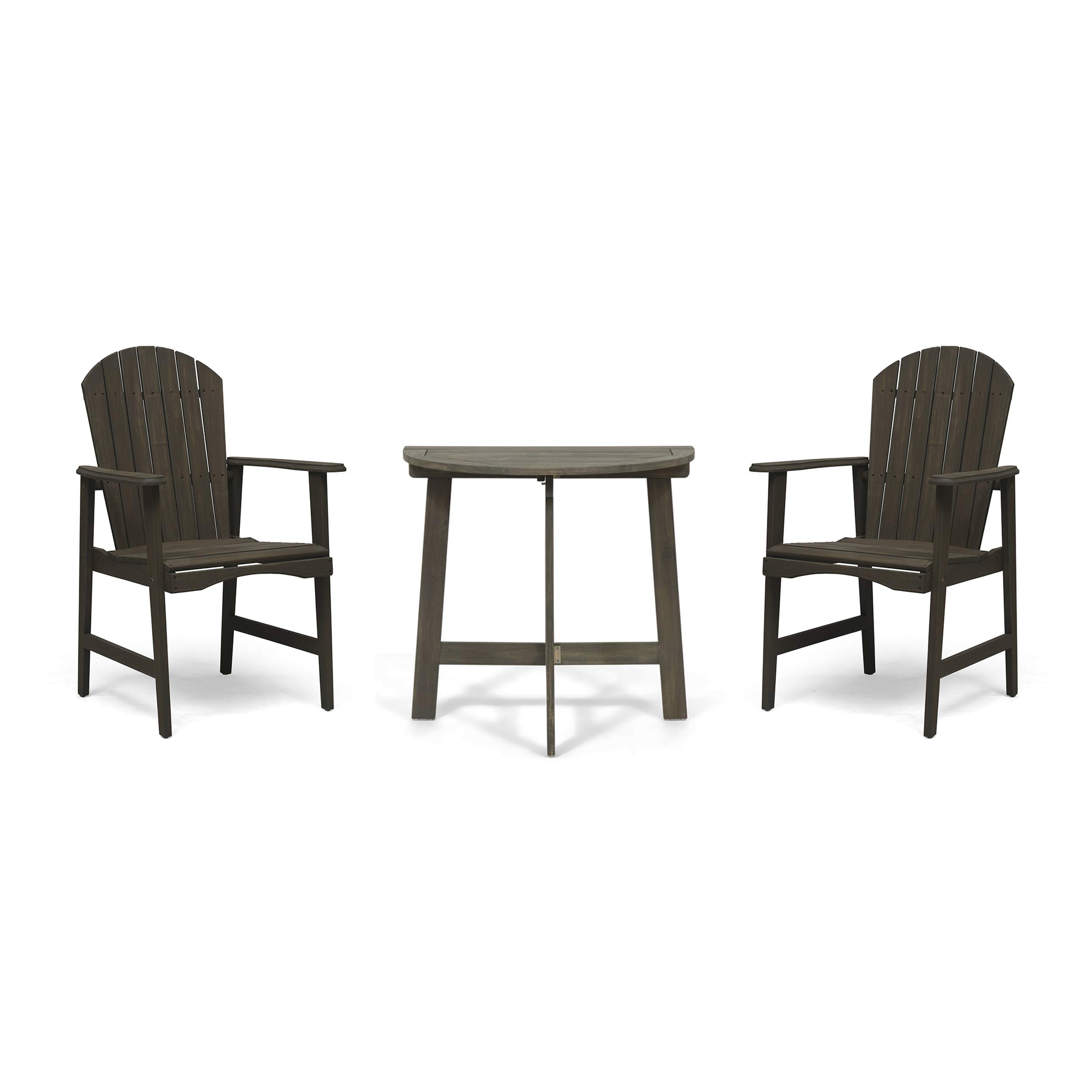 GDFStudio Outdoor 2-Seater Acacia Wood Bistro Table Set with Gray Adirondack Chairs - Half-Round Patio Furniture for Garden, Deck & Backyard Relaxation