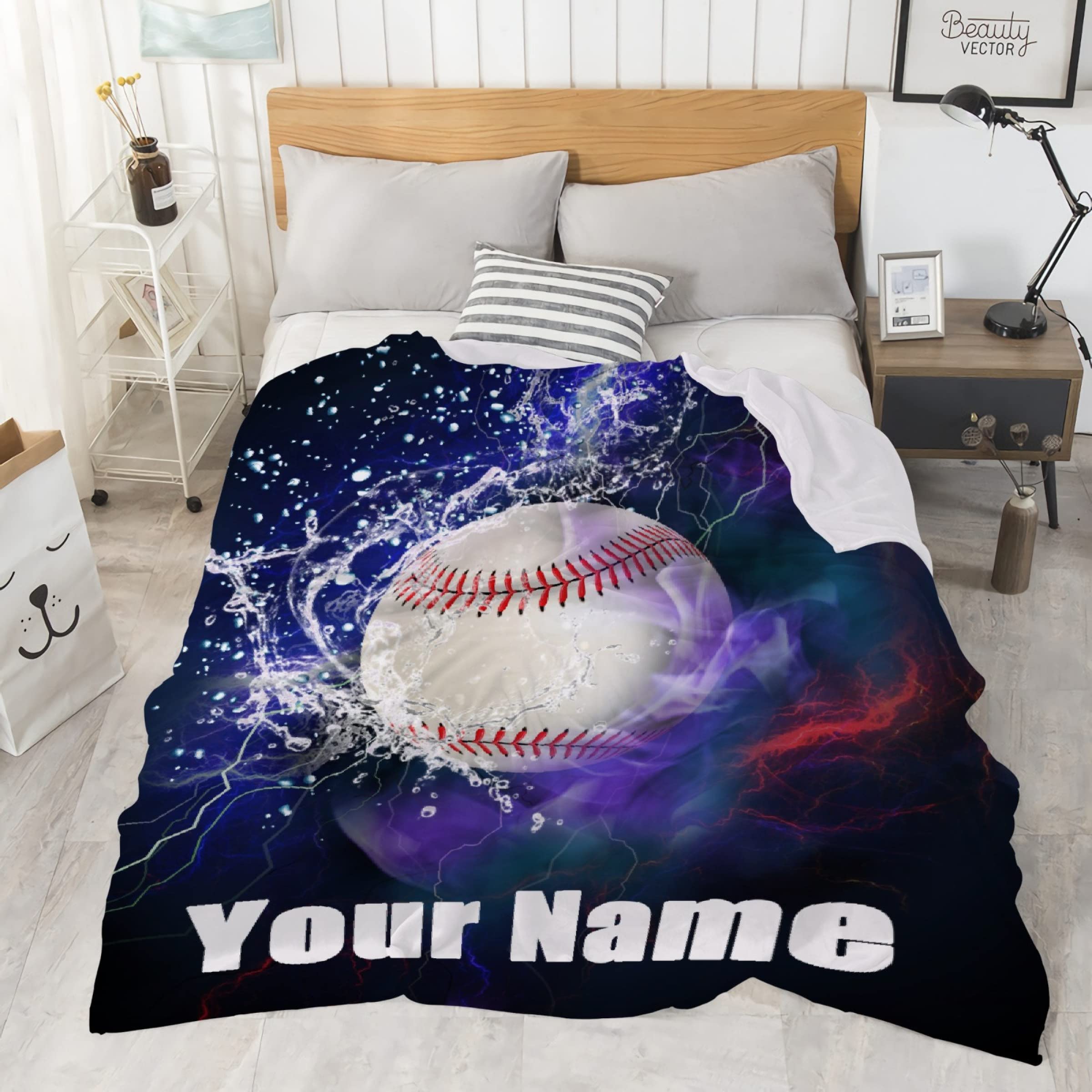 AMITAYUS Personalized Baseball Throw Blanket - Custom Name Fleece Blanket for Men, Boys & Friends - Soft Flannel Gift for Birthday, Anniversary & Holidays - Perfect for Couches, Beds & Outdoor Games