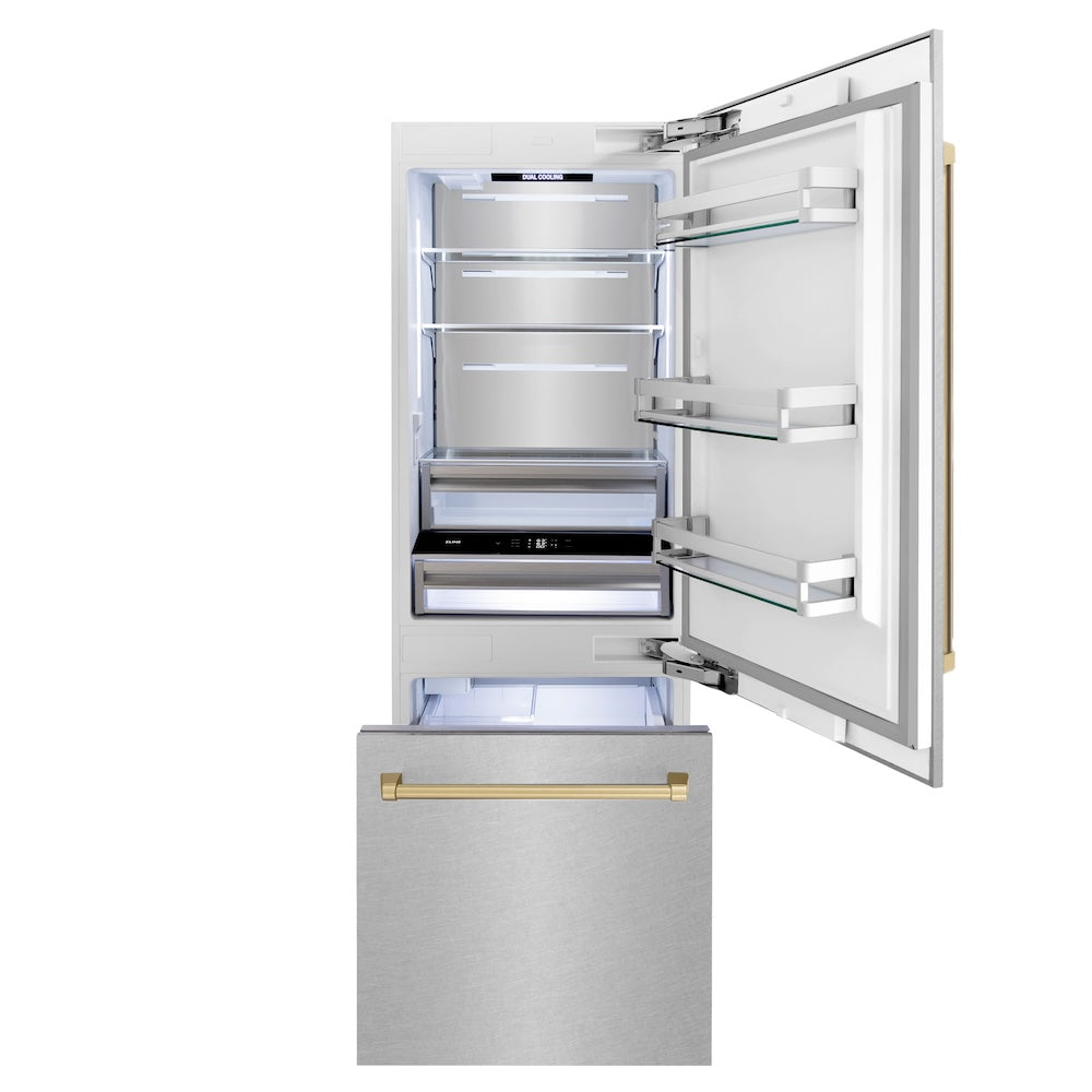ZLINE Autograph Edition 30 Inch Built-In Bottom Freezer Refrigerator - 16.1 cu ft Capacity, Water Dispenser & Ice Maker - Satin Stainless Steel with Champagne Bronze Accents (RBIVZ SN 30 CB) - Perfect for Modern Kitchens, Open Concept Homes & Luxury Appliances Collection