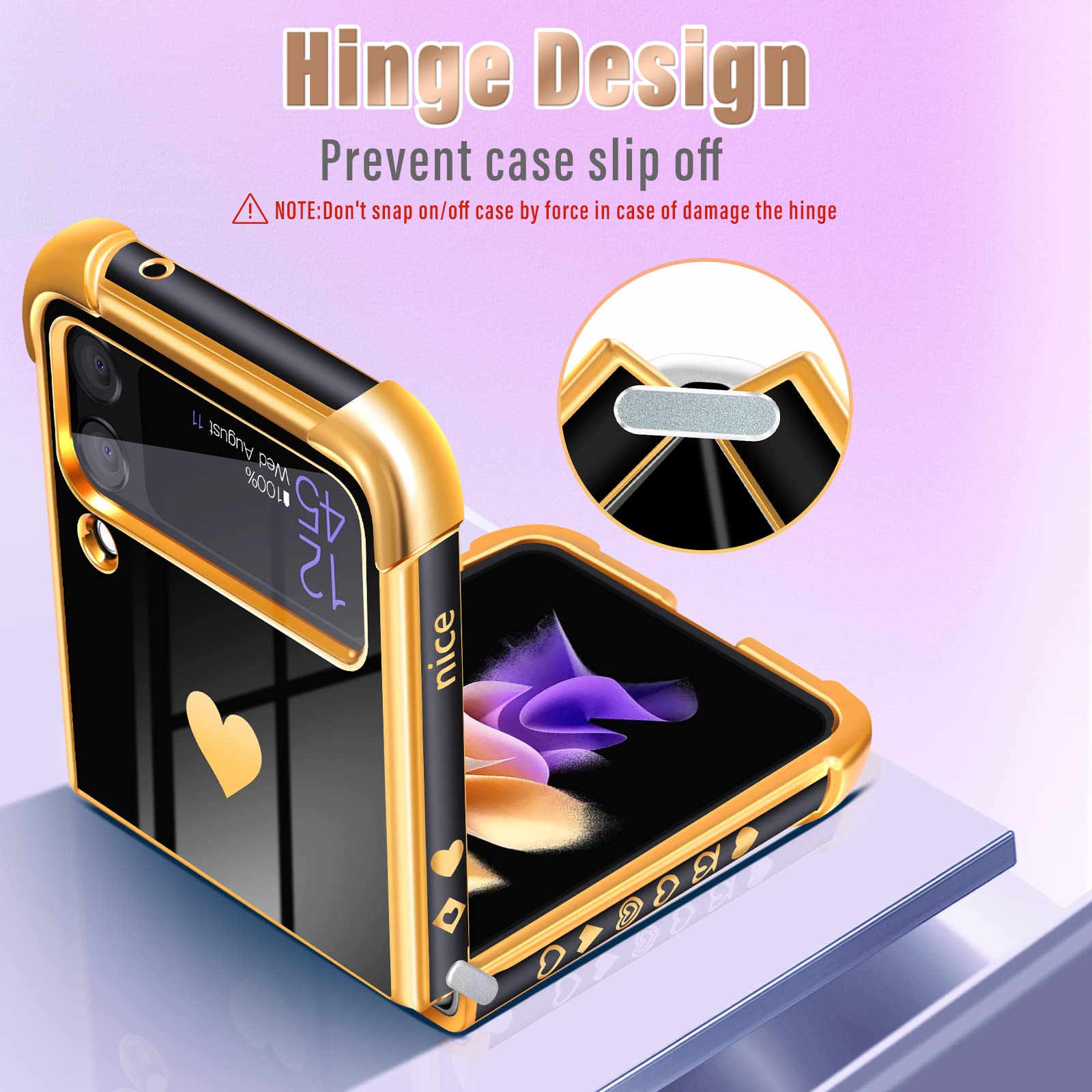 Luxury Black and Gold Plated Heart Design Phone Case for Samsung Galaxy Z Flip 4/5G 6.7
